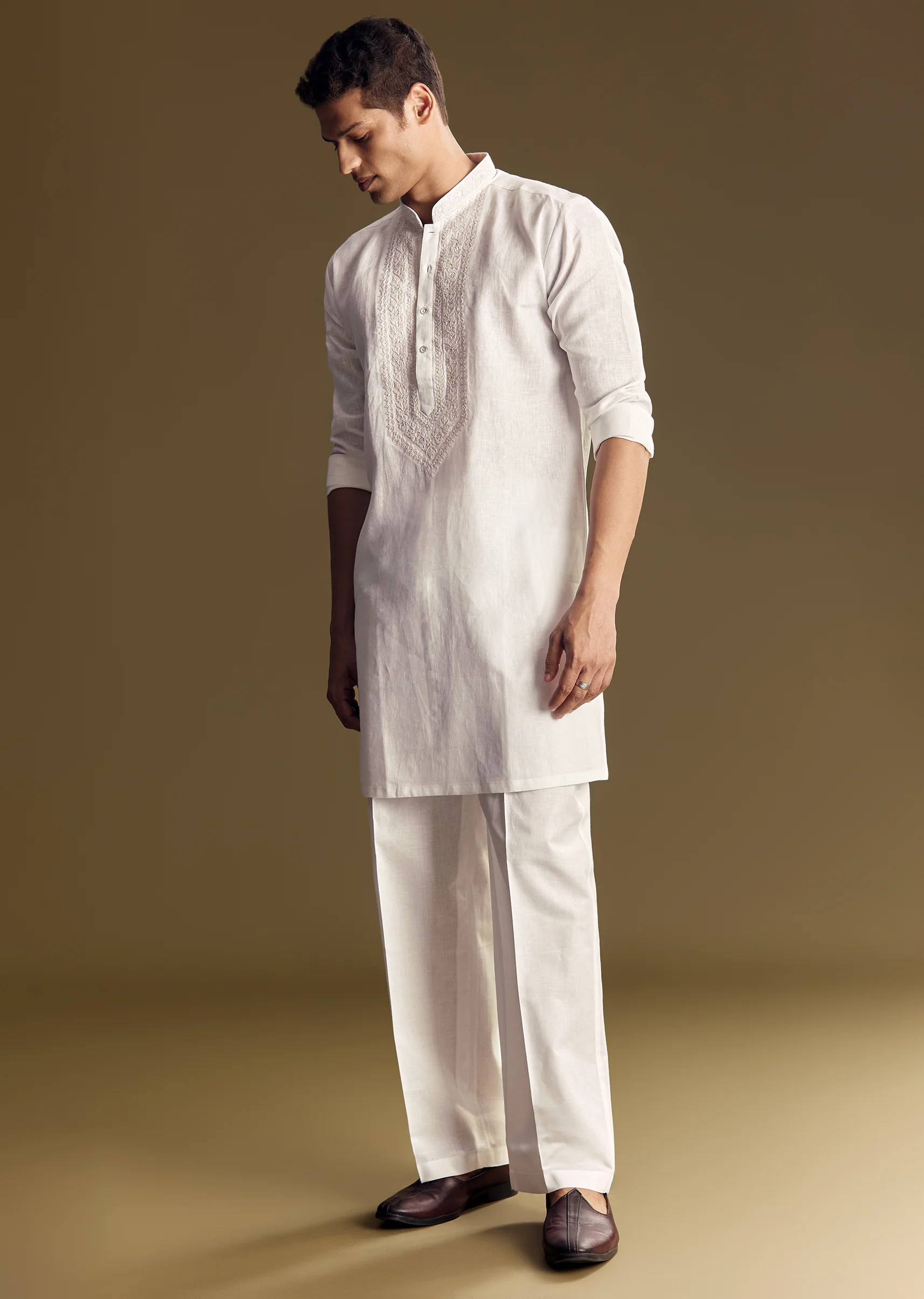 Classic White Twin Style – Cut Dana Kurta Palazzo Set For Her And White Linen Embroidered Kurta Set For Him - Image 8