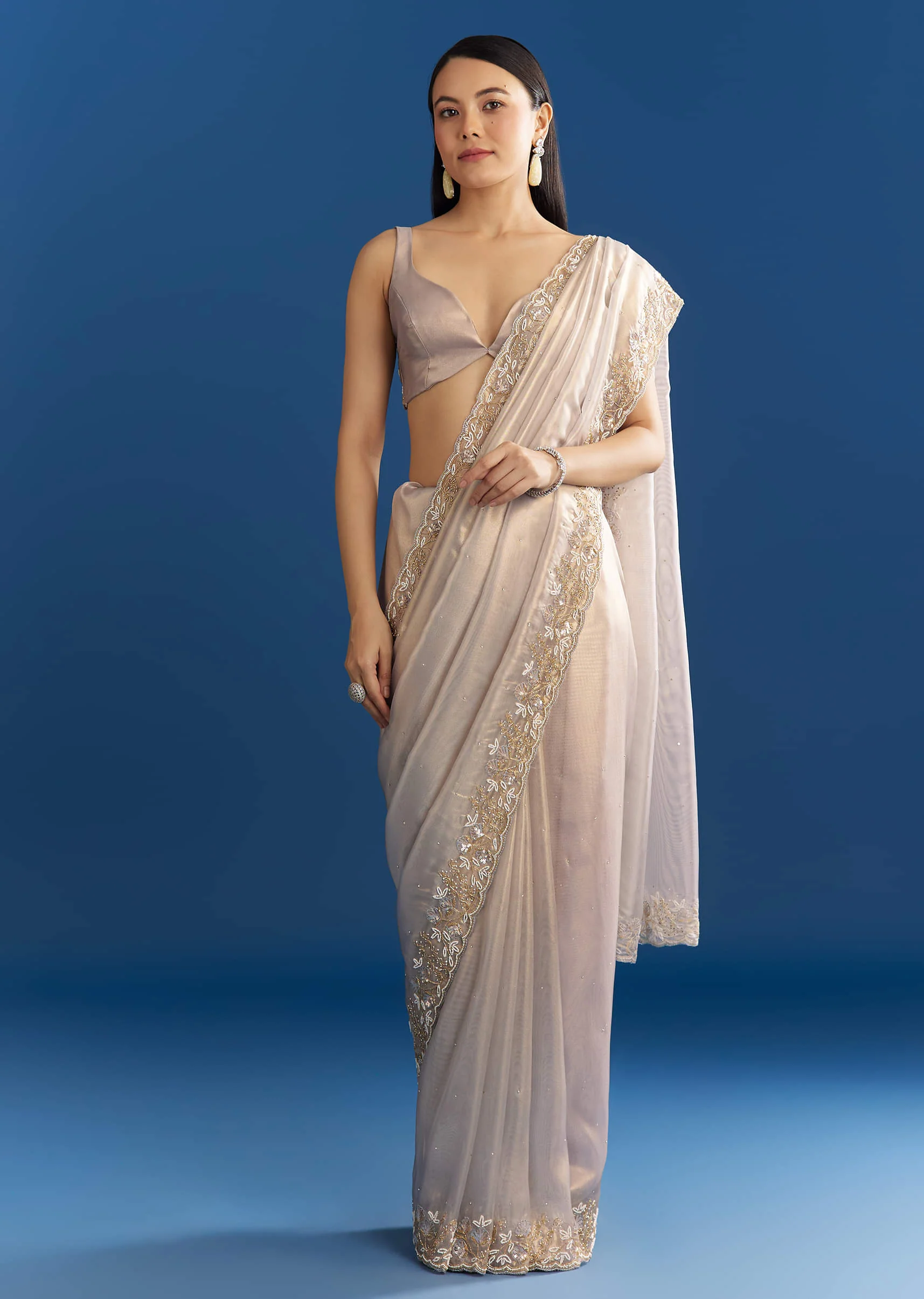 Cloud Grey Organza Tissue Saree With Embellished Border - Image 3