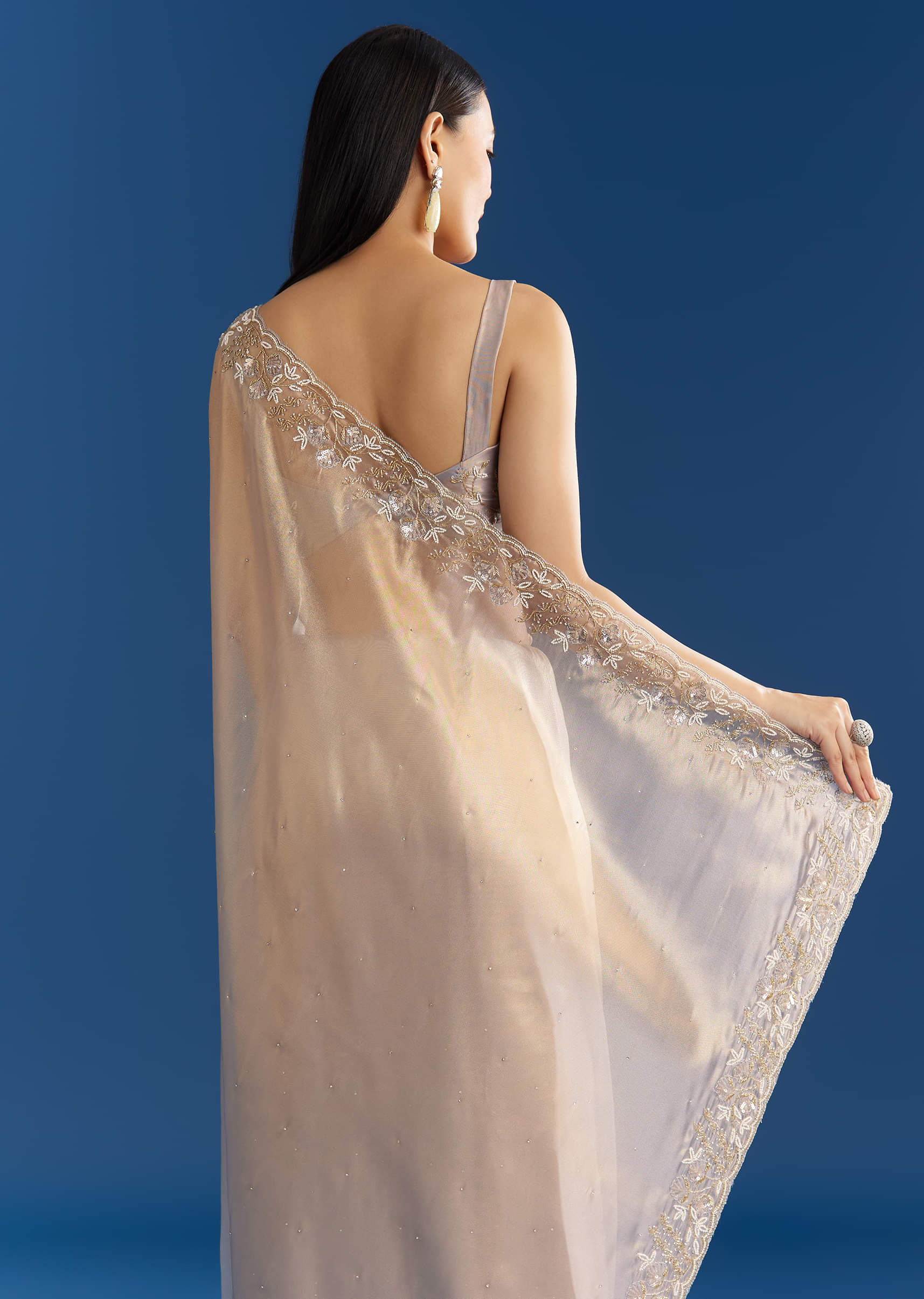 Cloud Grey Organza Tissue Saree With Embellished Border - Image 4