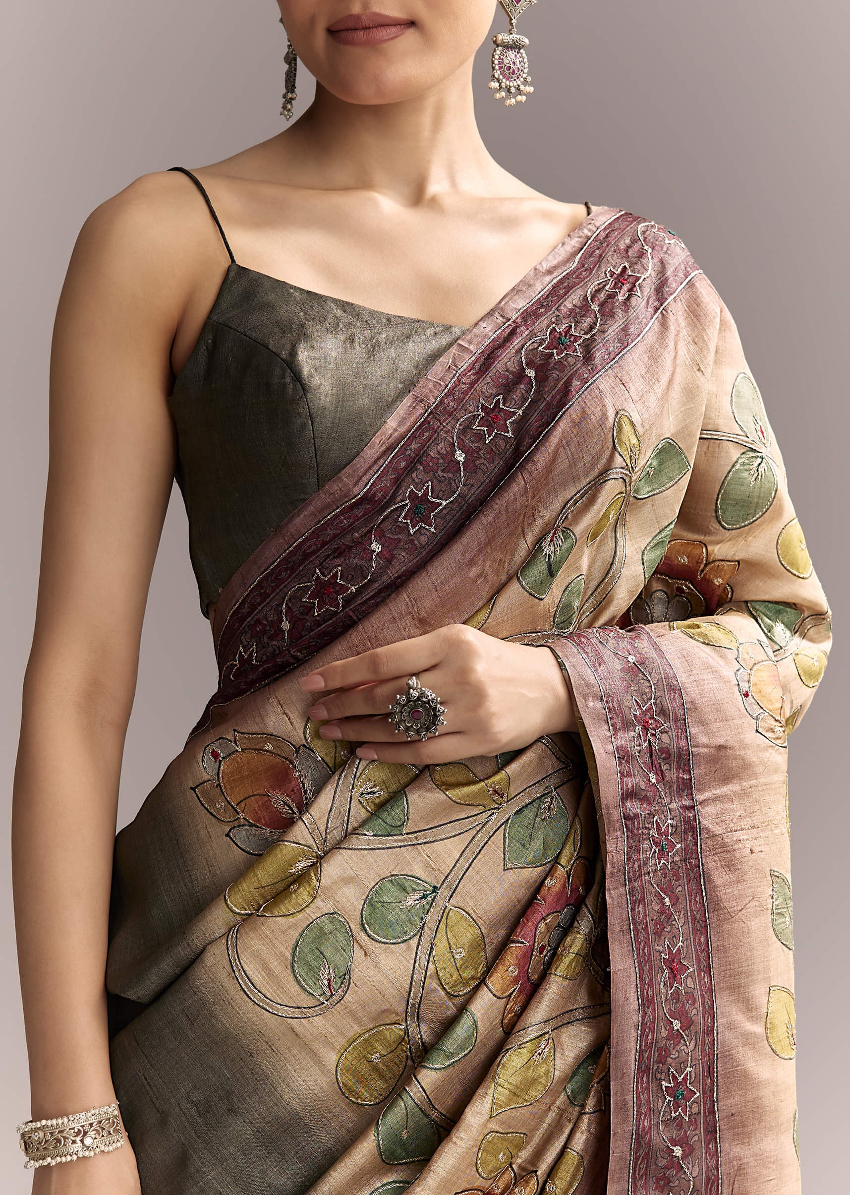 Coffee Brown Cotton Hand Painted Saree With Contrast Border - Image 2