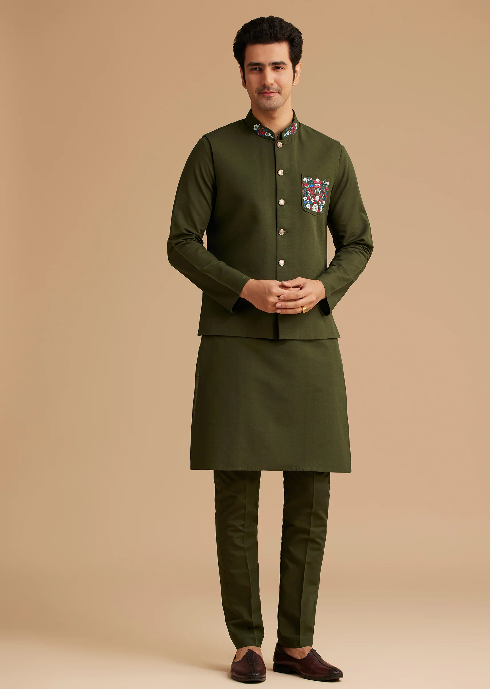 Coordinated Festive Couple Set – Seaweed Green Hand-Embroidered Draped Pallu Sharara for Her And Green Cotton Kurta Set with Embroidered Pocket & Collar for Him - Image 7
