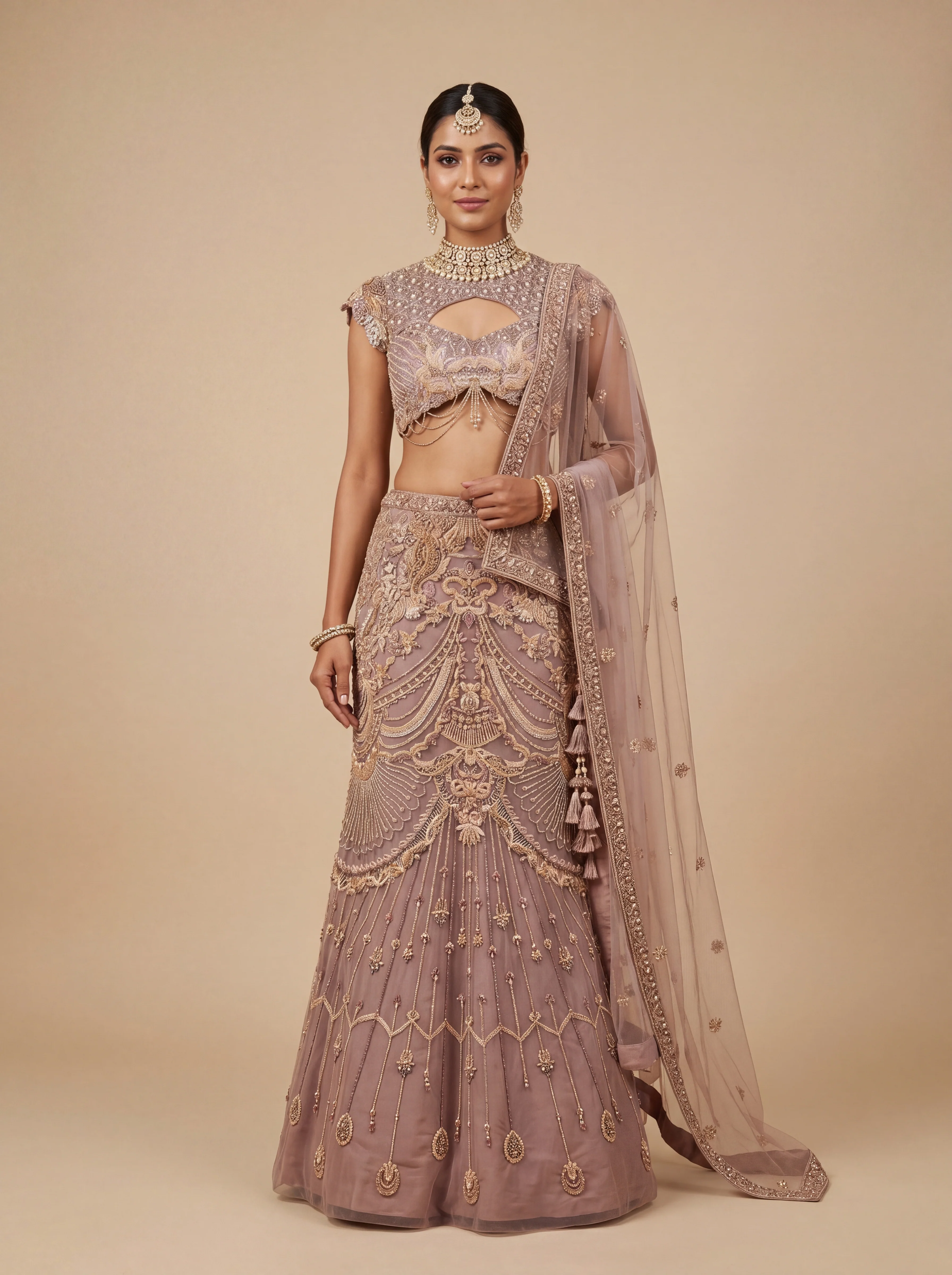 Copper Gold Contemporary Bridal Lehenga With Sequin Tassel Drama