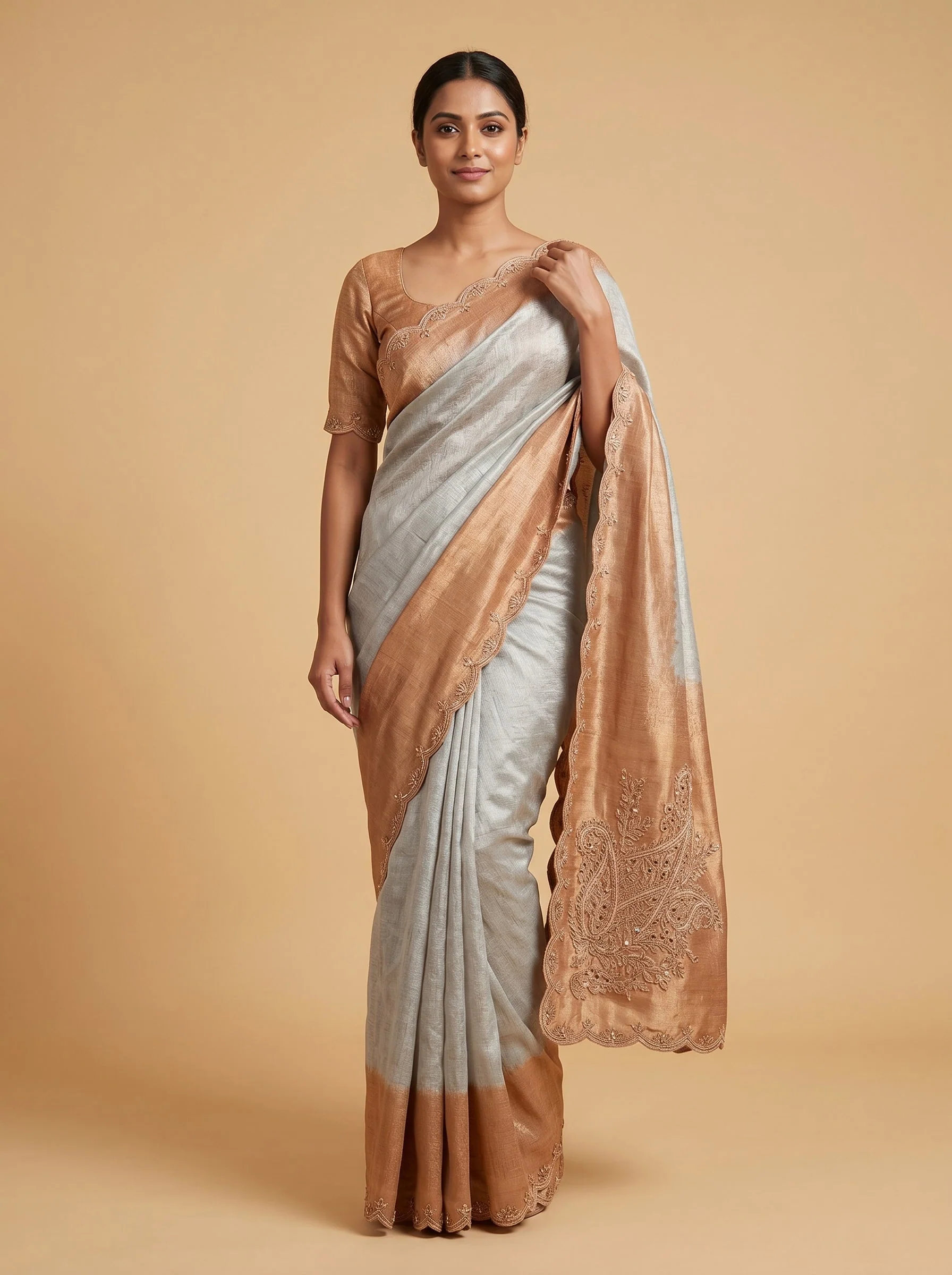 Copper Silver Shaded Designer Embroidered Saree