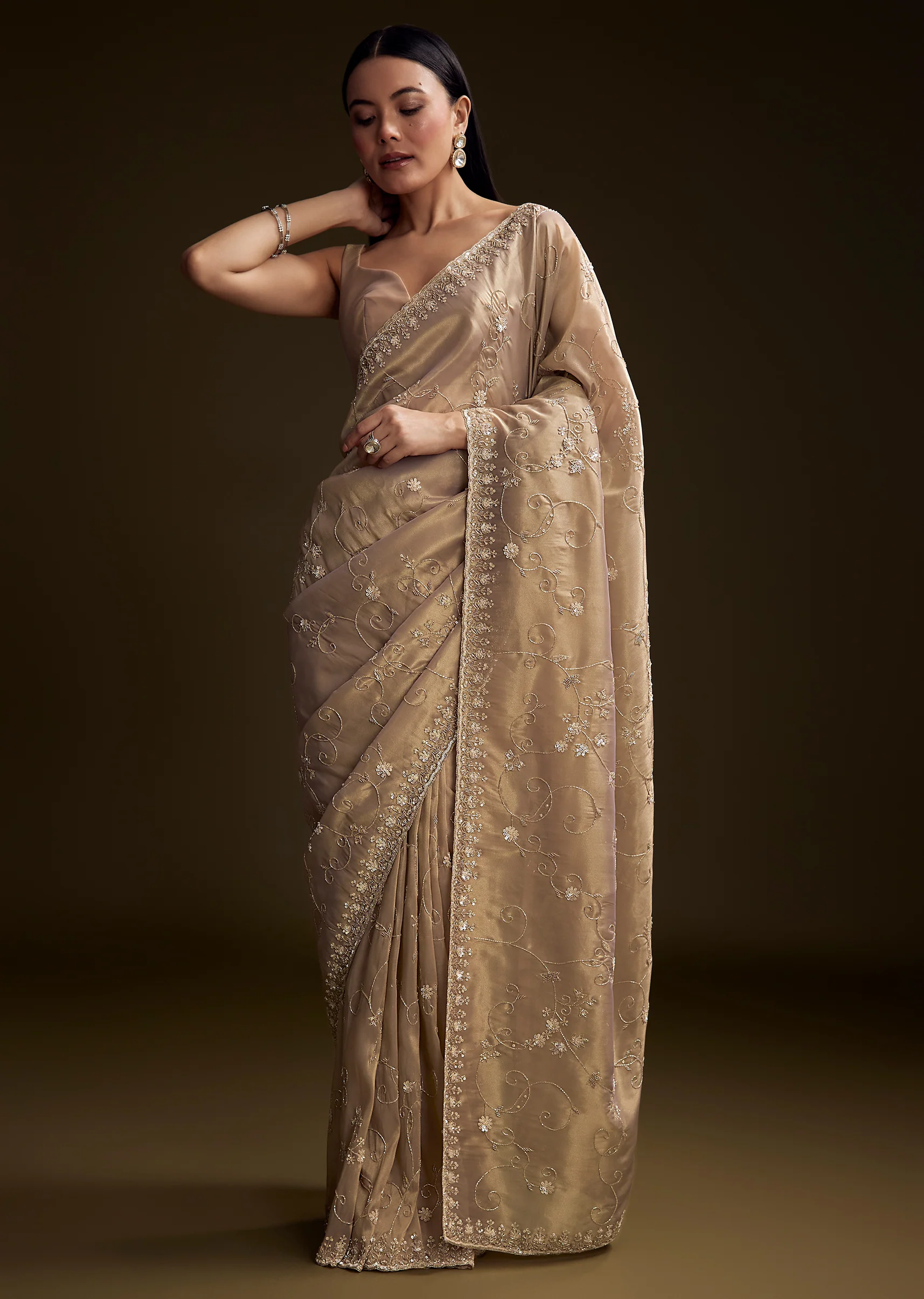 Copper Tissue Saree With Heavy Floral Hand Embroidery - Image 3
