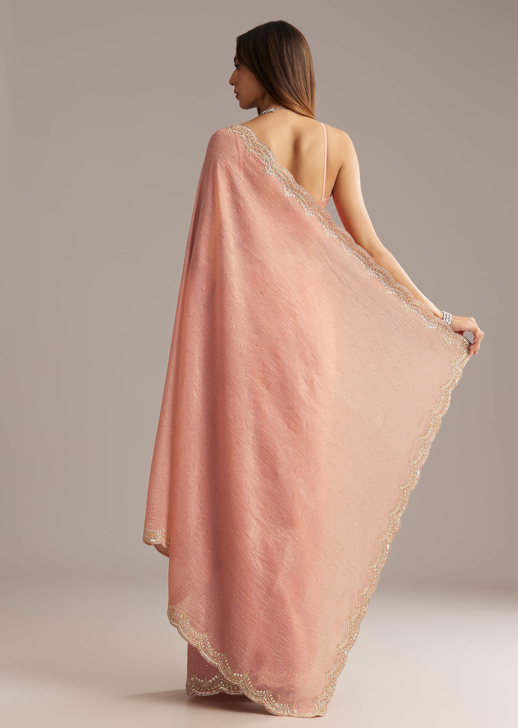 Copper Tissue Saree With Scallop Border And Sequin Embroidery - Image 2