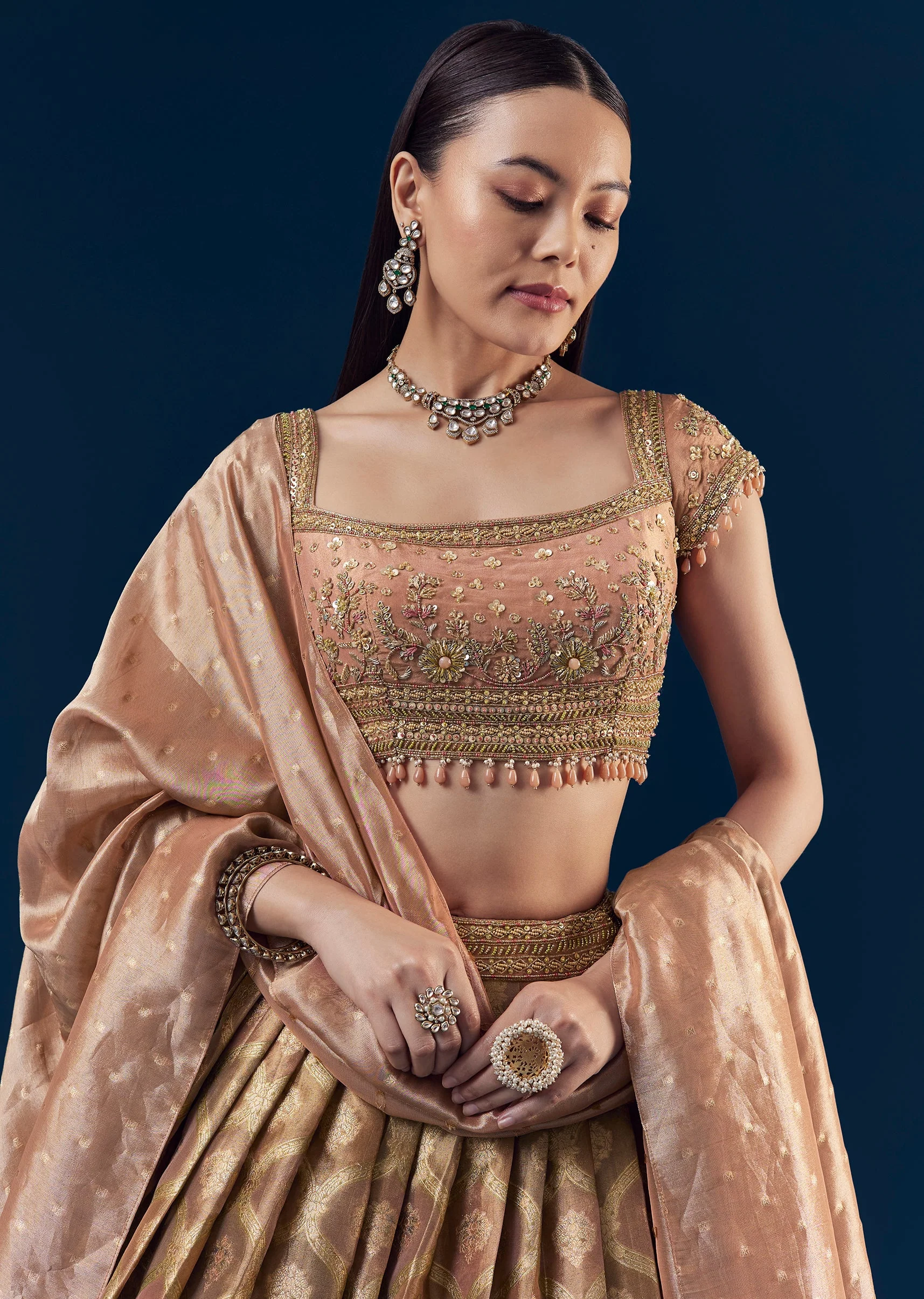 Coral Hand Embroidered Banarasi Silk Bridesmaid Lehenga Set with Pleats - Image 3