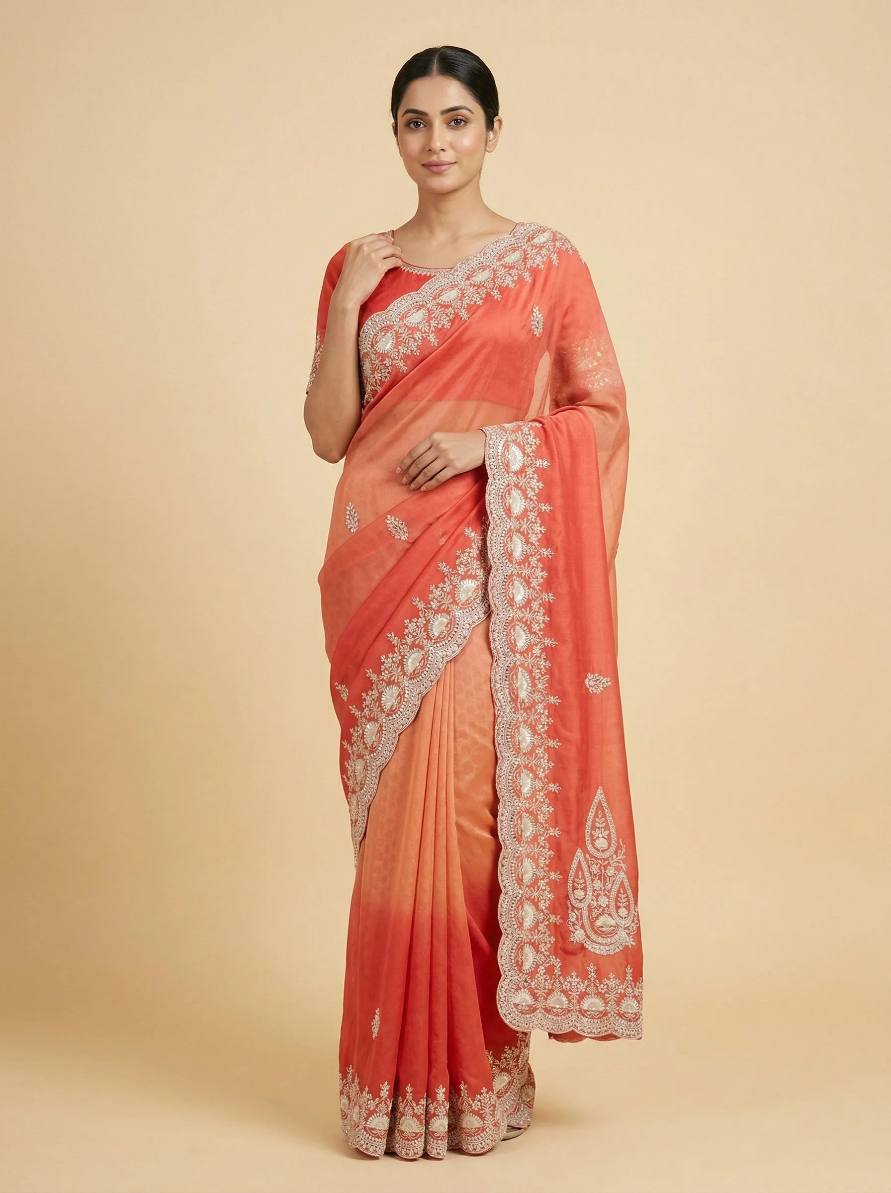 Coral Orange Peach Shaded Embroidered Saree