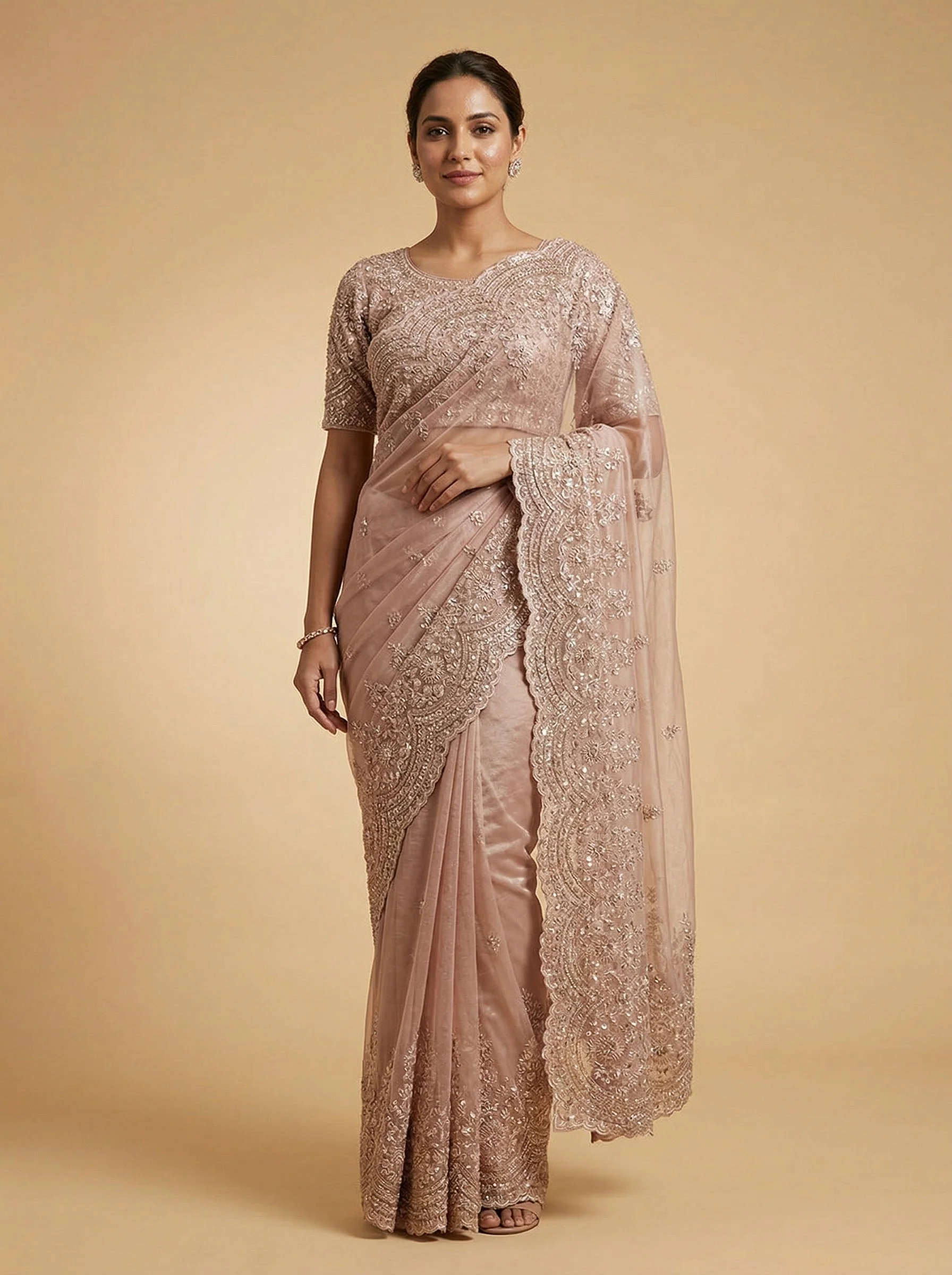 Coral Peach Embroidered Saree