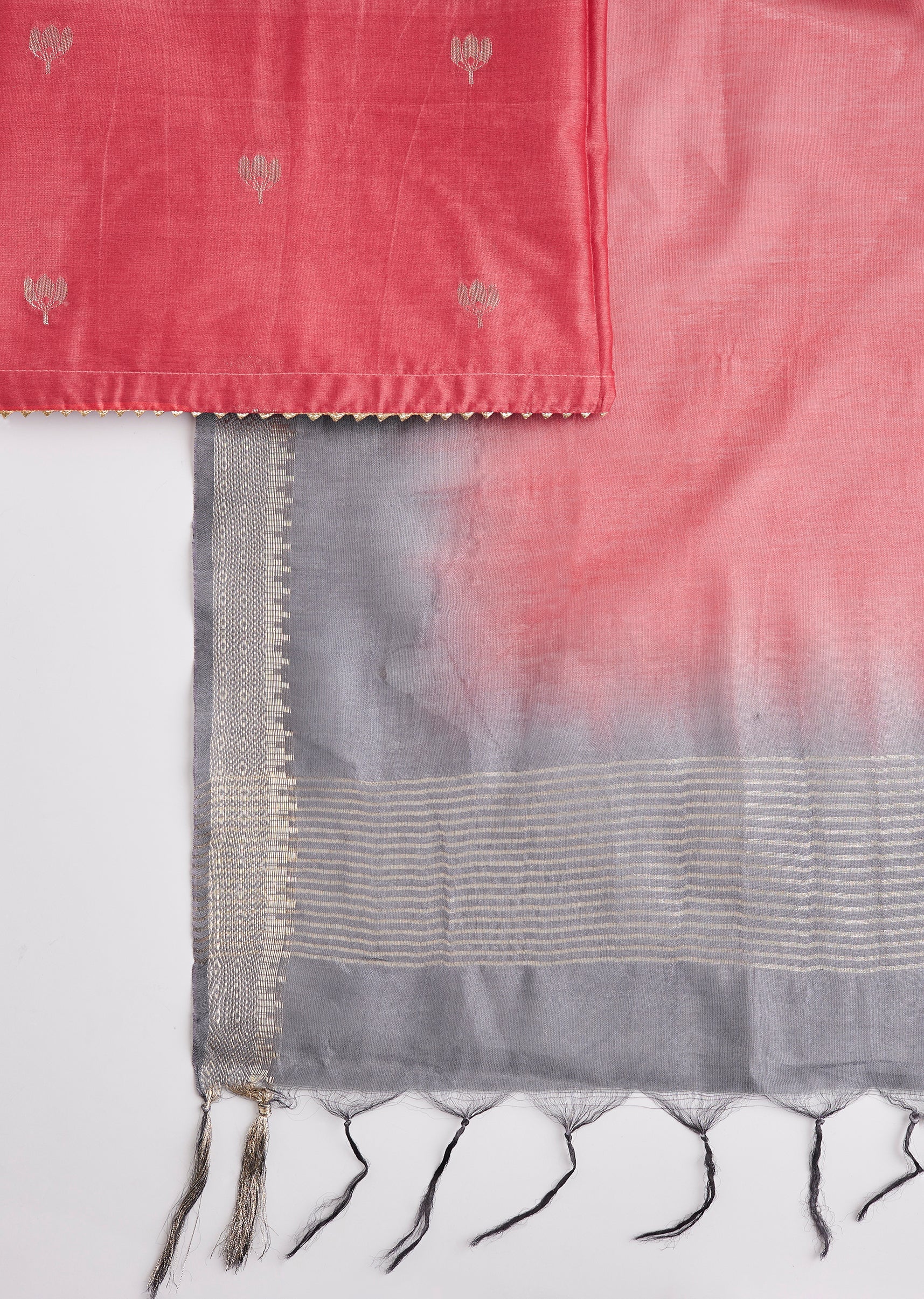 Coral Pink Embroidered Silk Unstitched Suit Set With Dupatta - Image 3