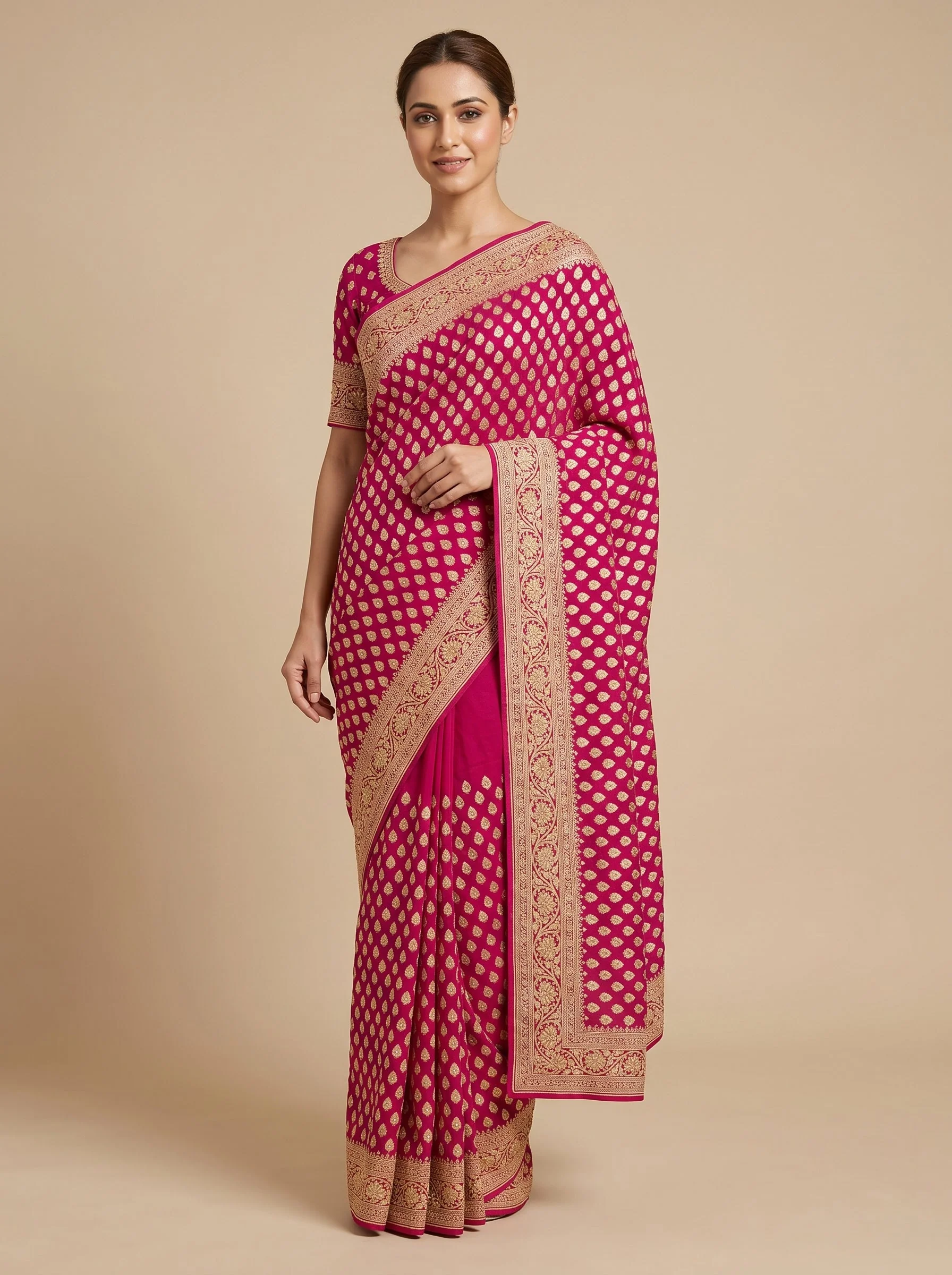 Coral Pink Velvety Handloom Saree