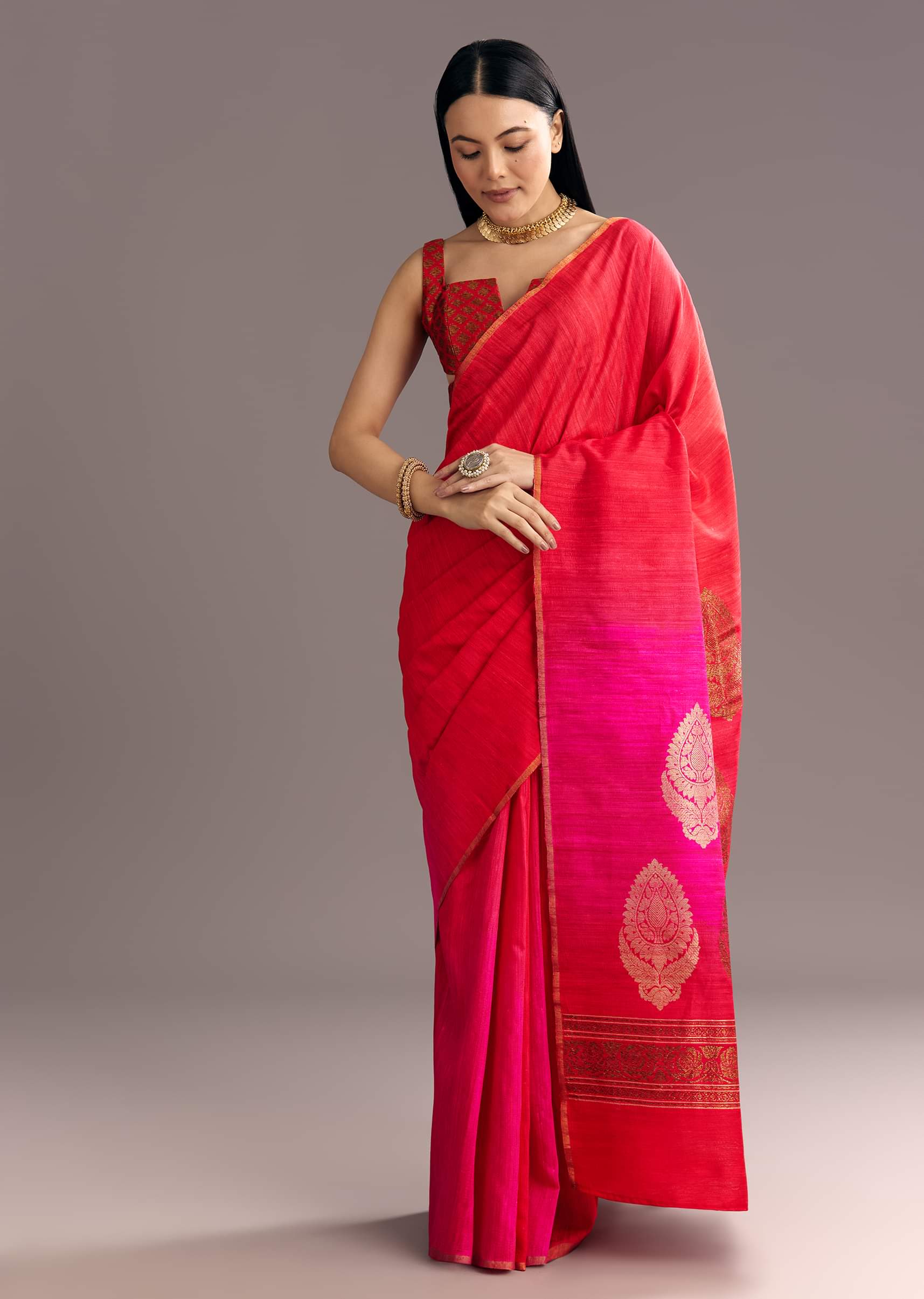 Corel Red Kora Silk Handloom Saree With Woven Traditional Motif - Image 5