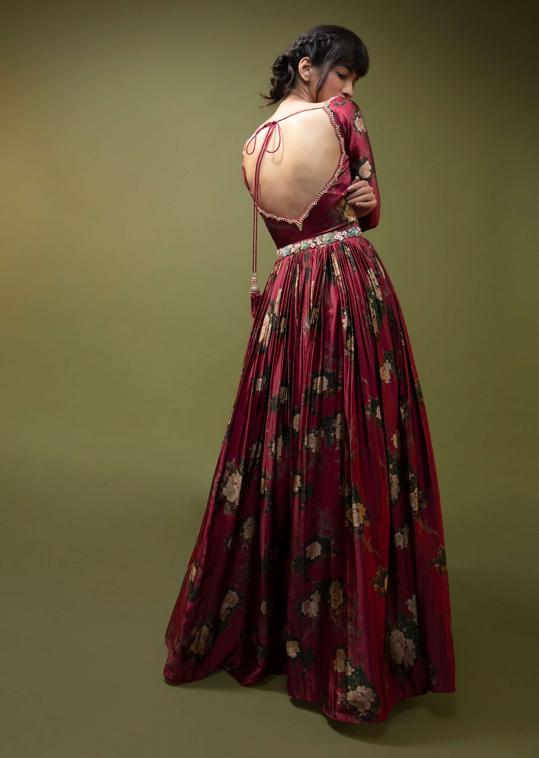 Cranberry Red Anarkali Suit In Floral Printed Satin With Front Cut Out And Sequin Embroidery - Image 3