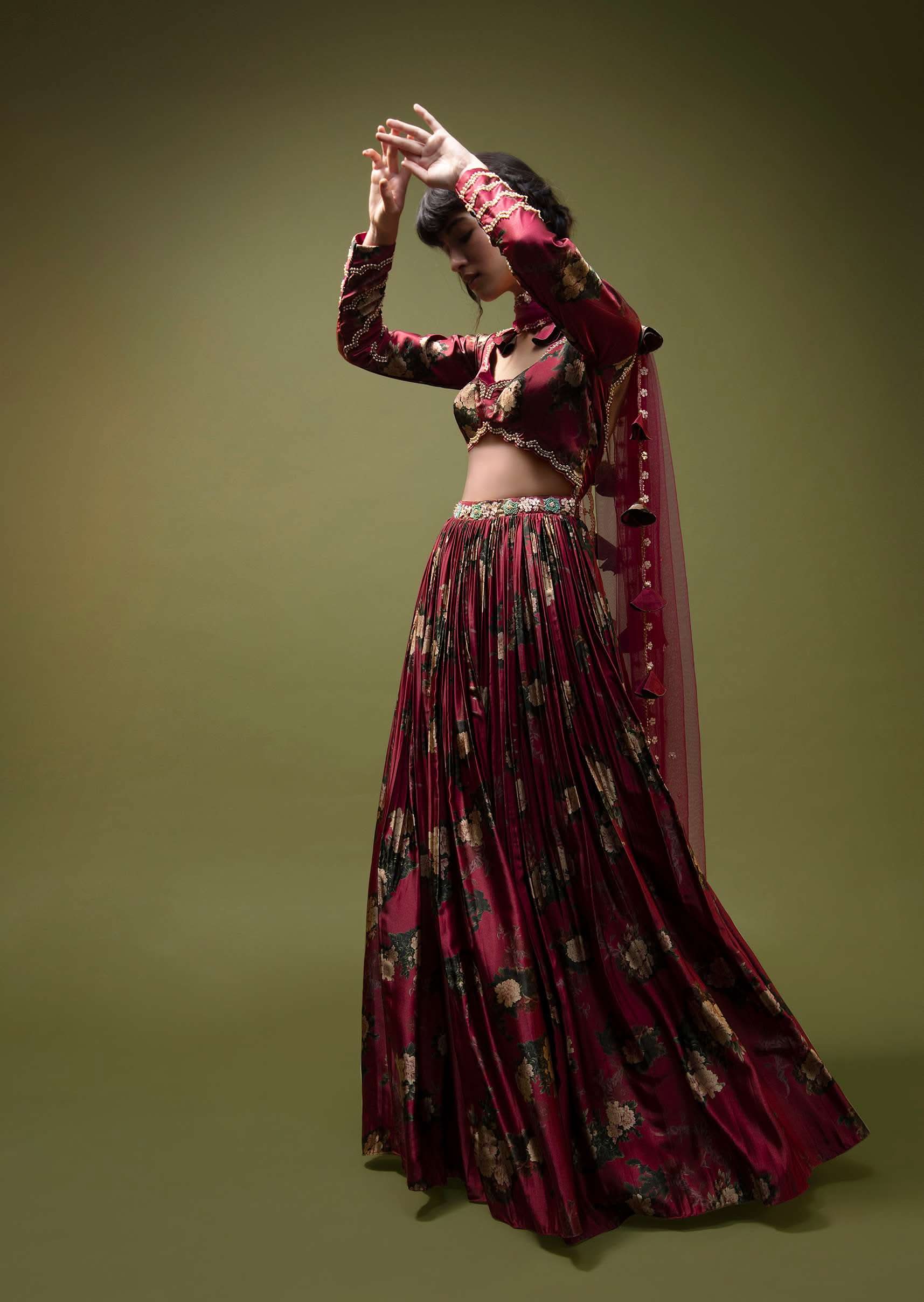 Cranberry Red Anarkali Suit In Floral Printed Satin With Front Cut Out And Sequin Embroidery - Image 4