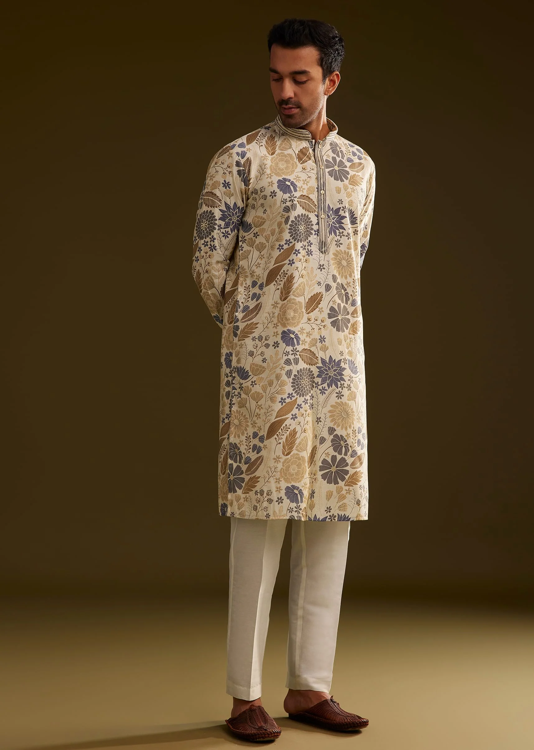 Cream Blue Silk Floral Printed Kurta Set - Image 3