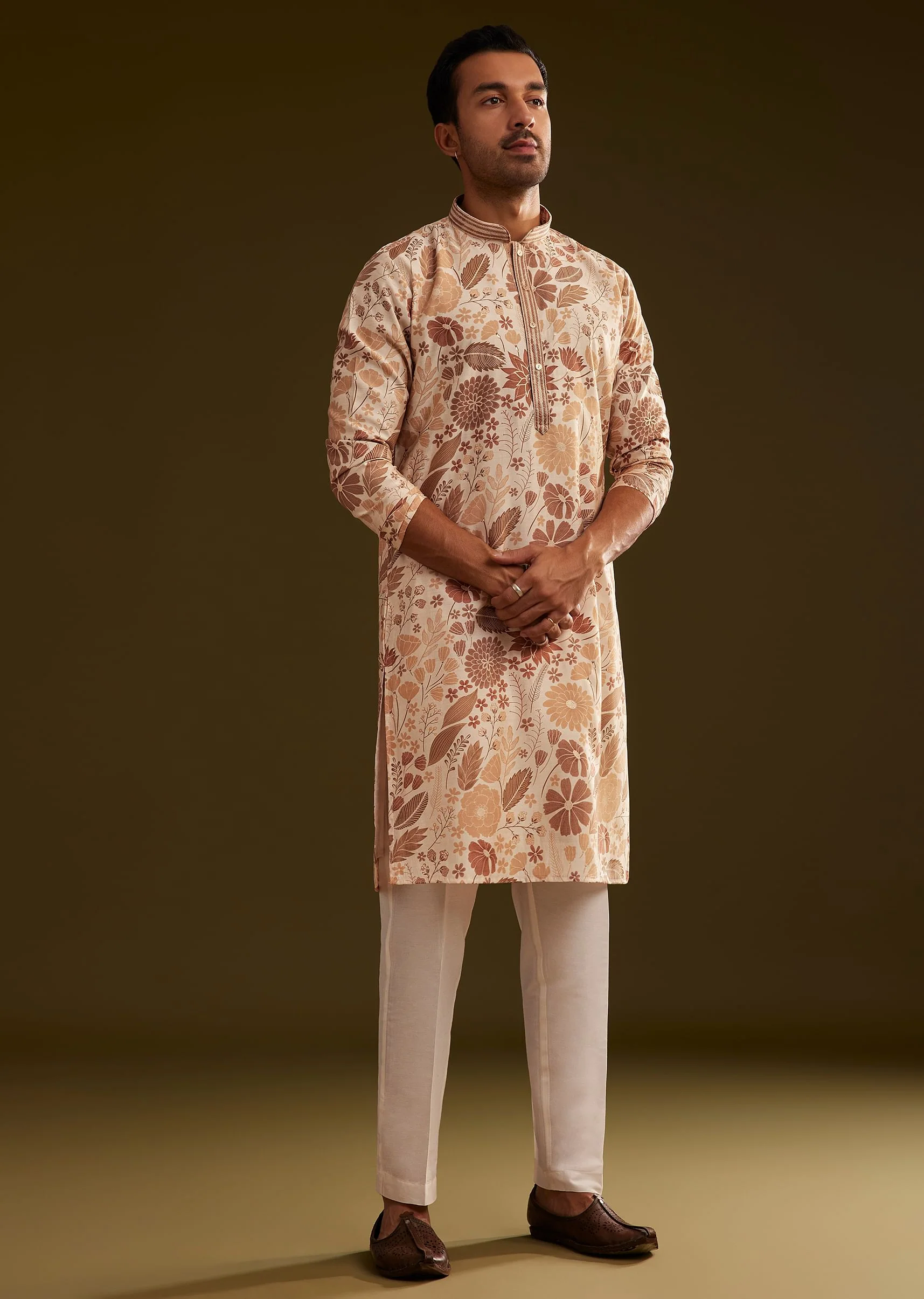 Cream Brown Silk Floral Printed Kurta Set - Image 4