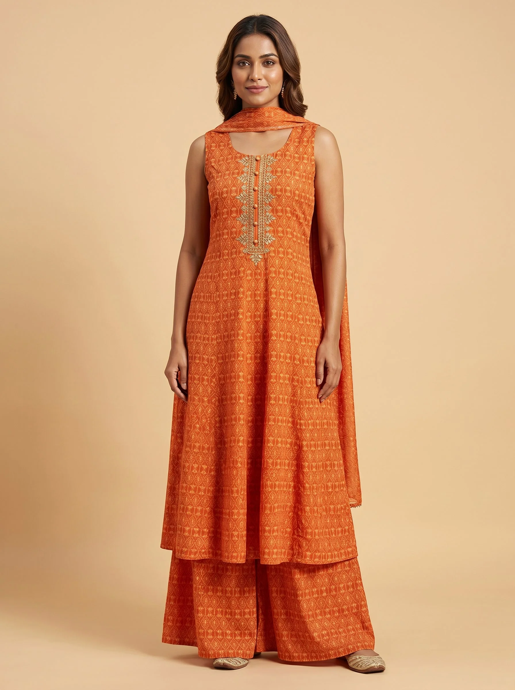 Cream Chanderi Embroidered Nightgown Set