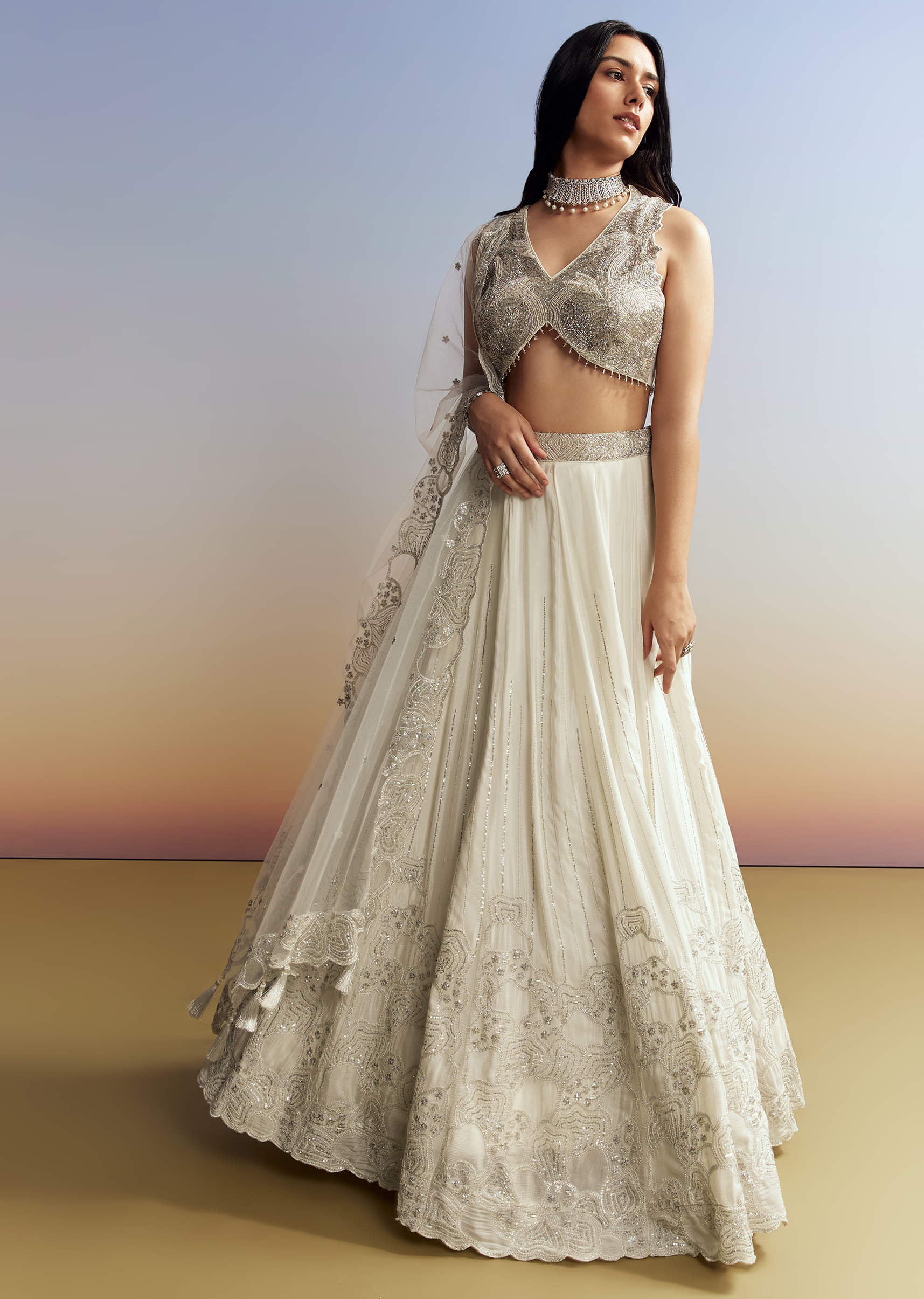 Cream Chinon Lehenga with Net Choli - Image 3
