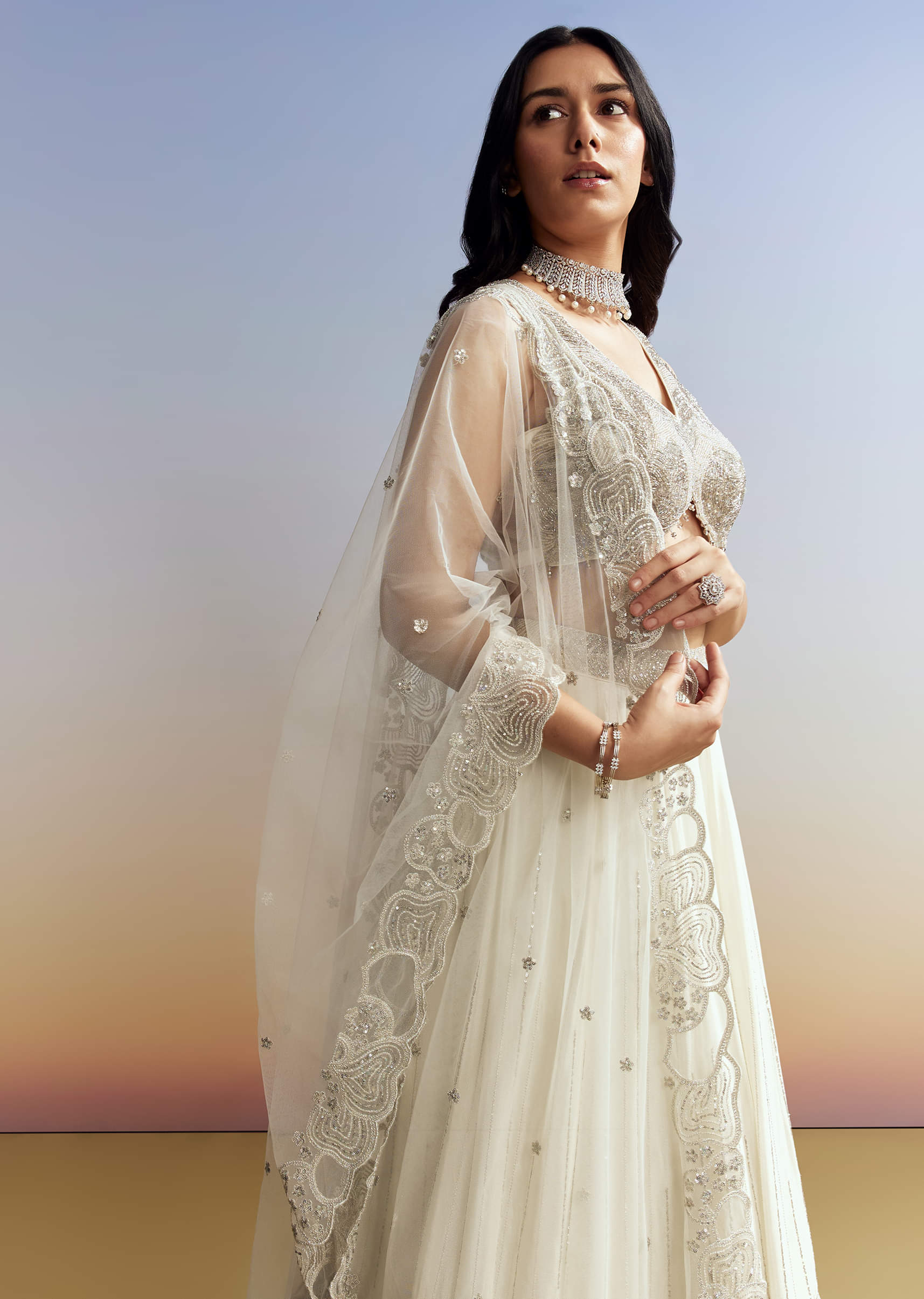 Cream Chinon Lehenga with Net Choli - Image 4