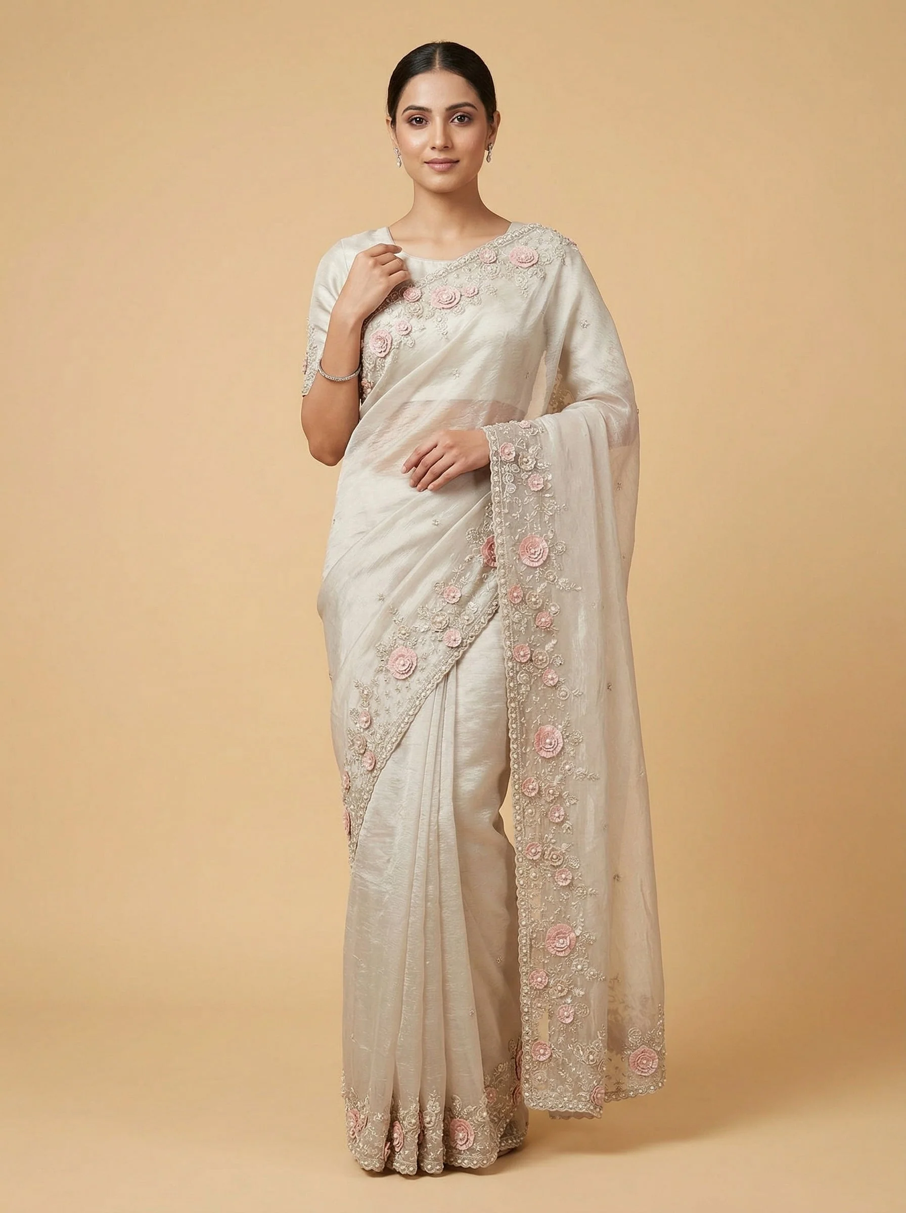 Cream Delicate Embroidered Saree