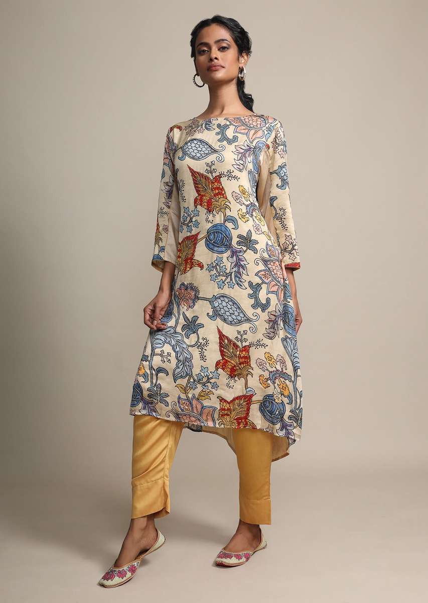 Cream Digital Floral Printed Top With Contrasting Golden Pants - Image 2