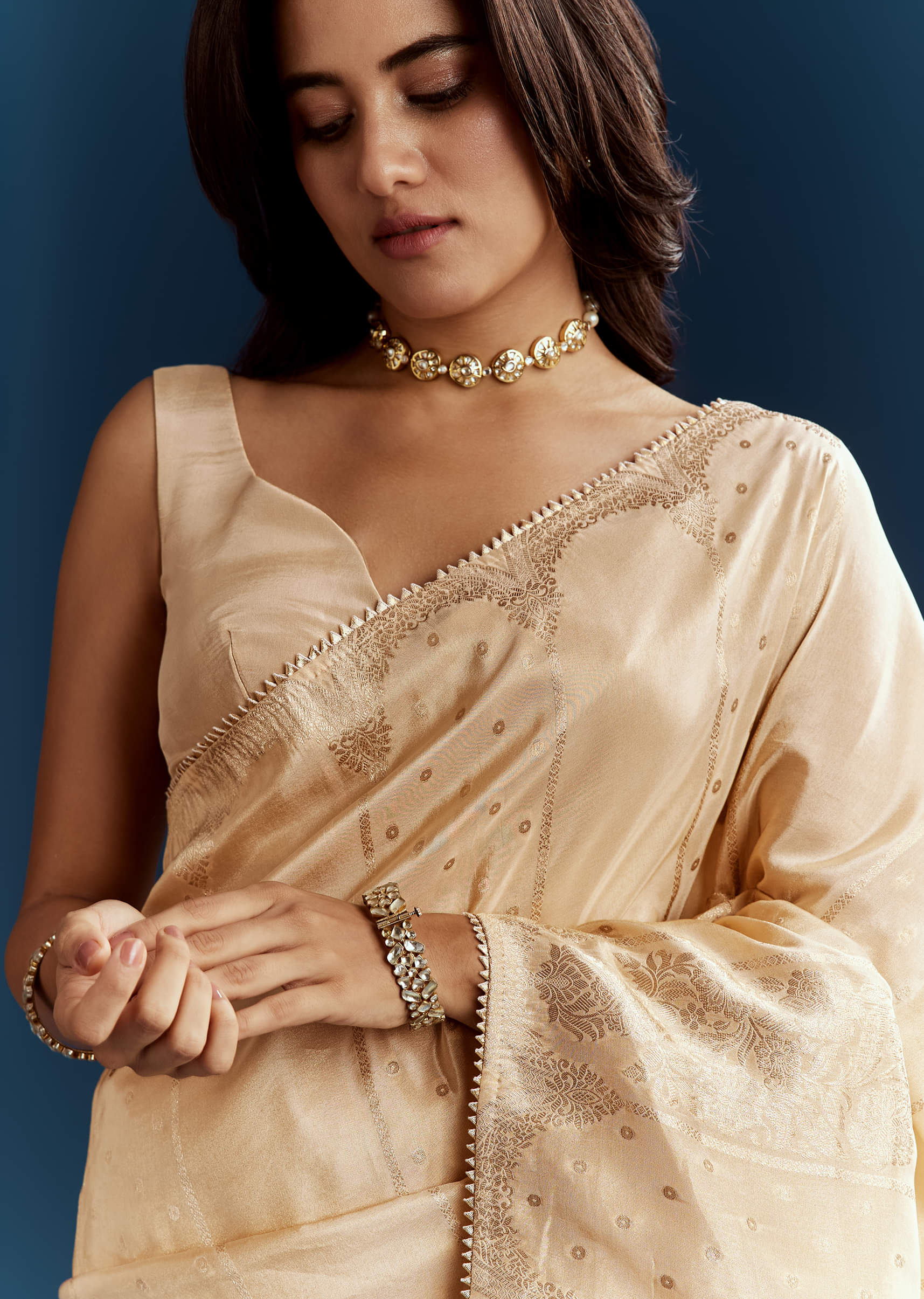 Cream Dola Silk Brocade Saree With Gota Patti Work - Image 2