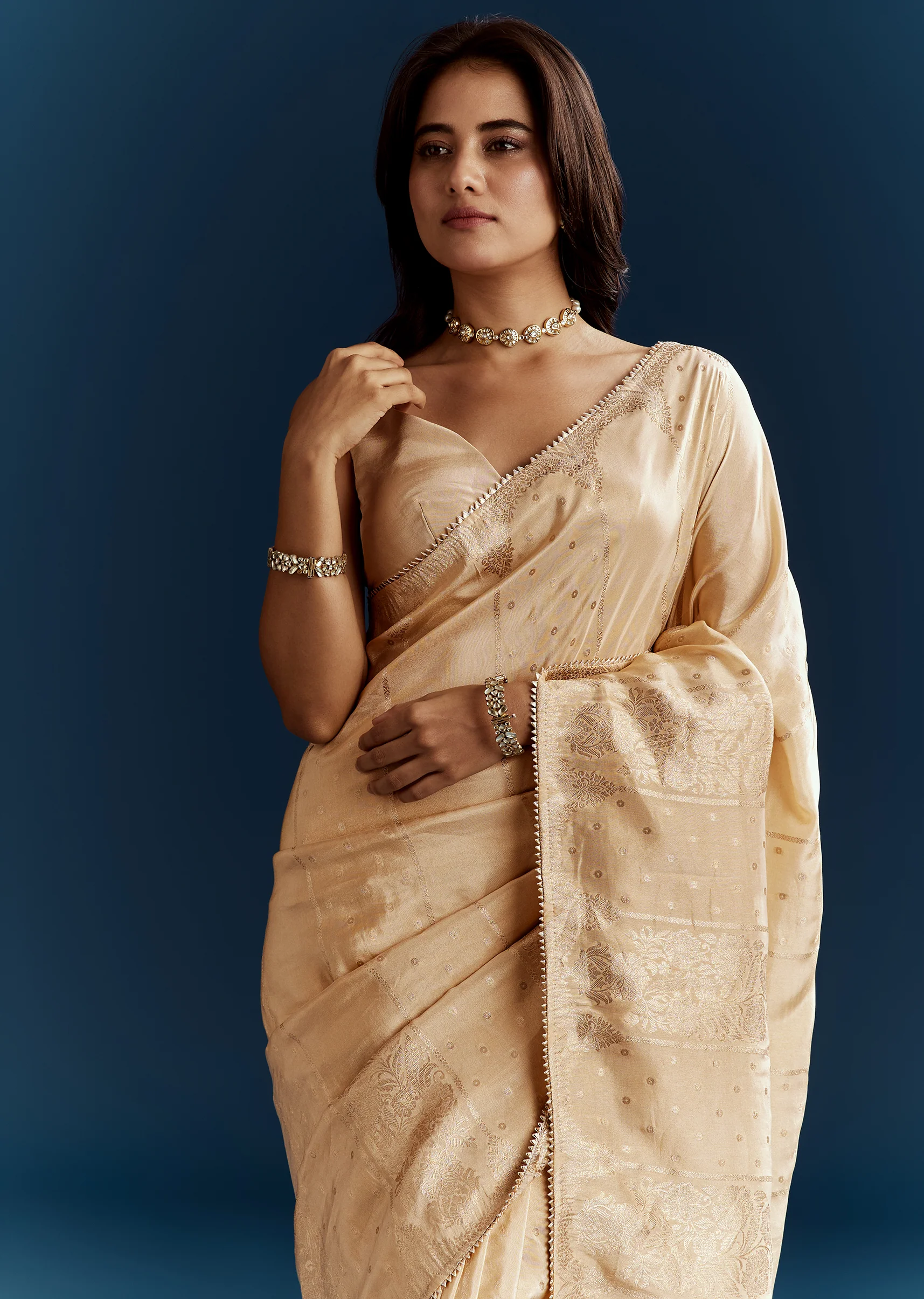 Cream Dola Silk Brocade Saree With Gota Patti Work - Image 4