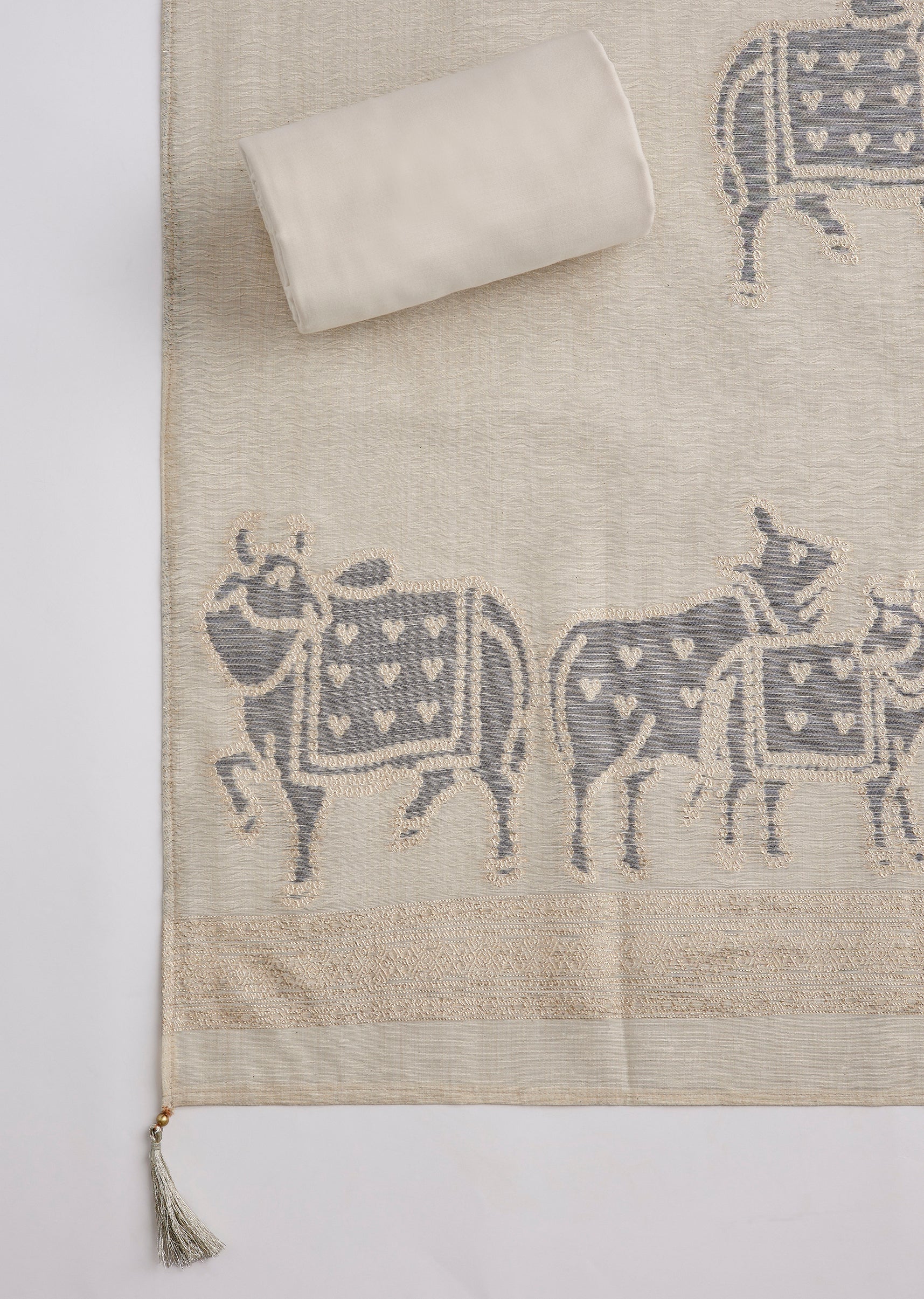 Cream Dola Silk Woven Unstitched Suit Set With Dupatta - Image 4