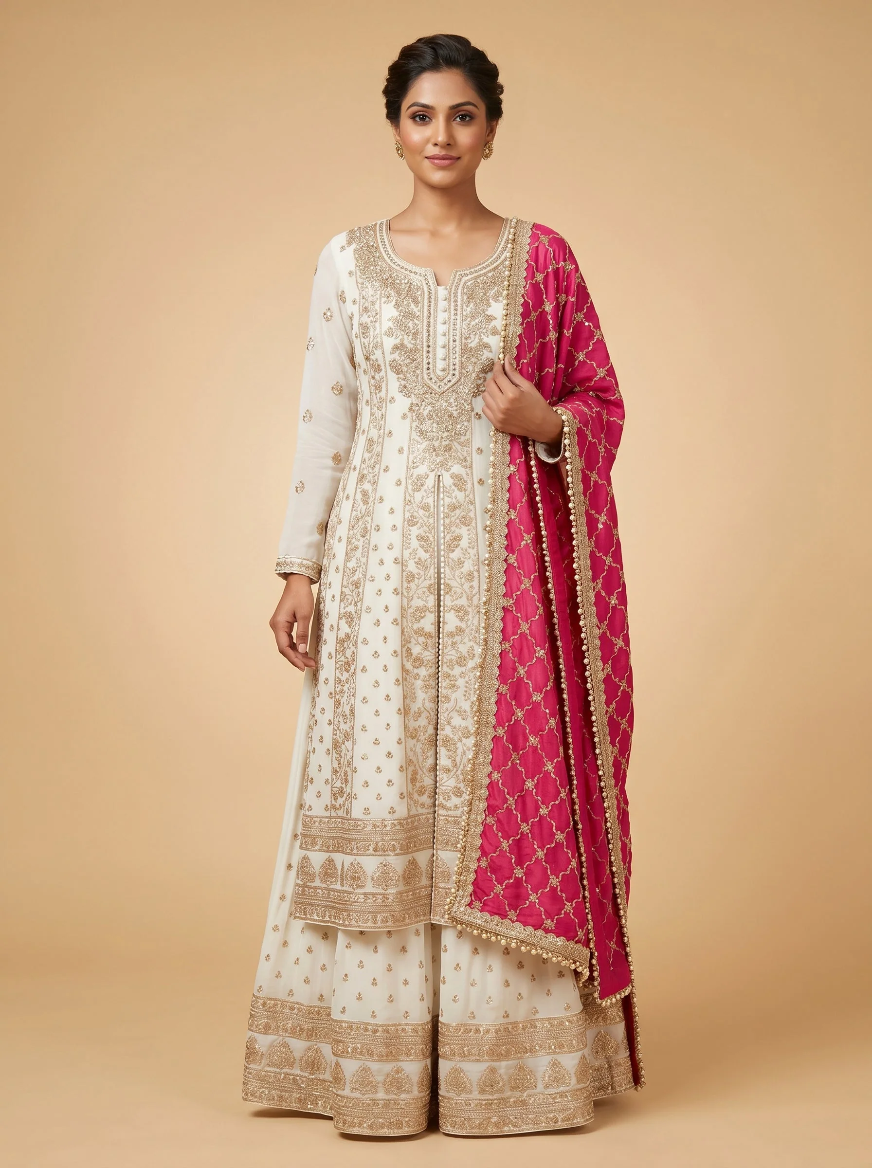 Cream Elegance Anarkali Pant Set