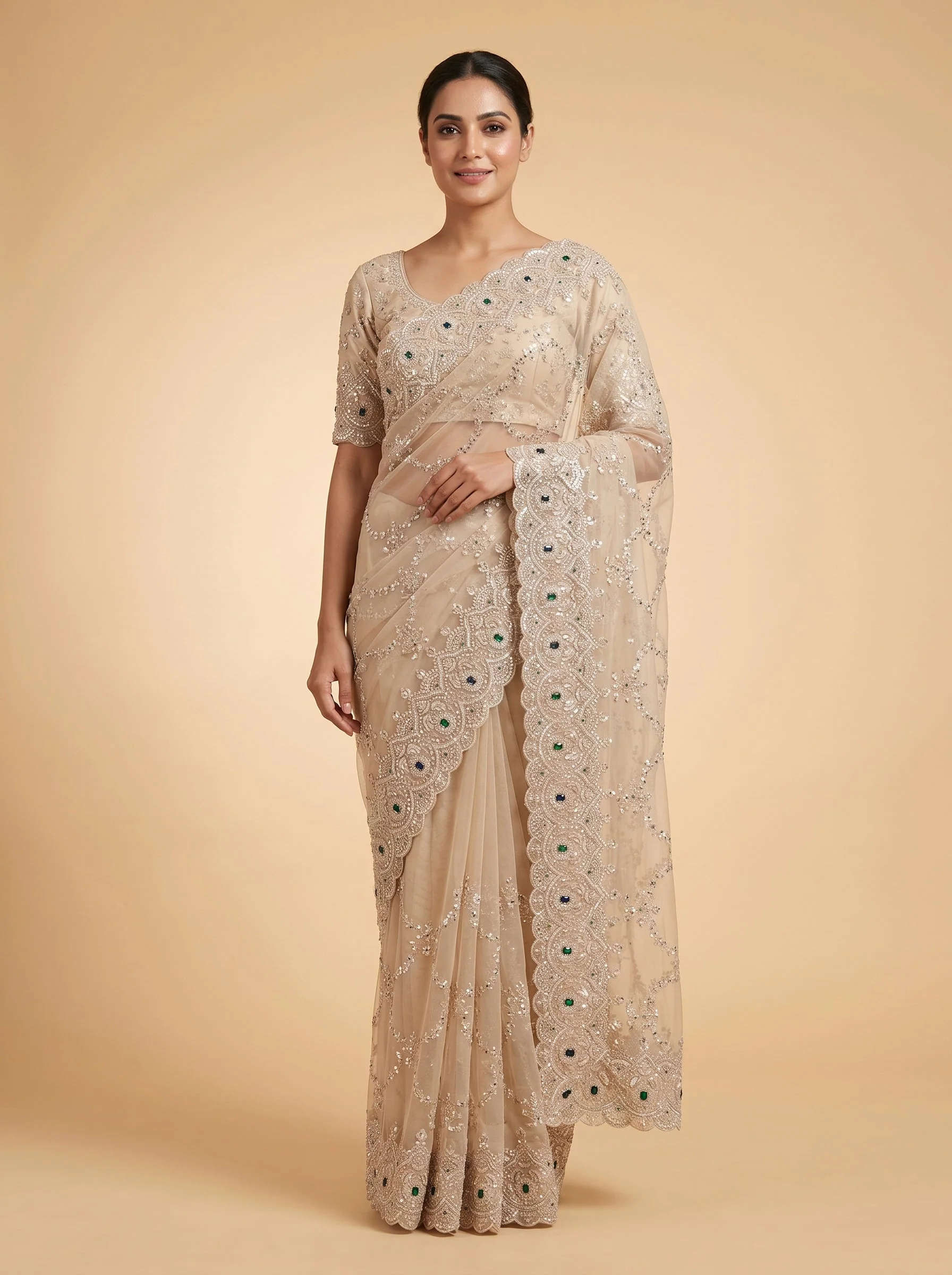 Cream Elegant Finish Embroidered Saree