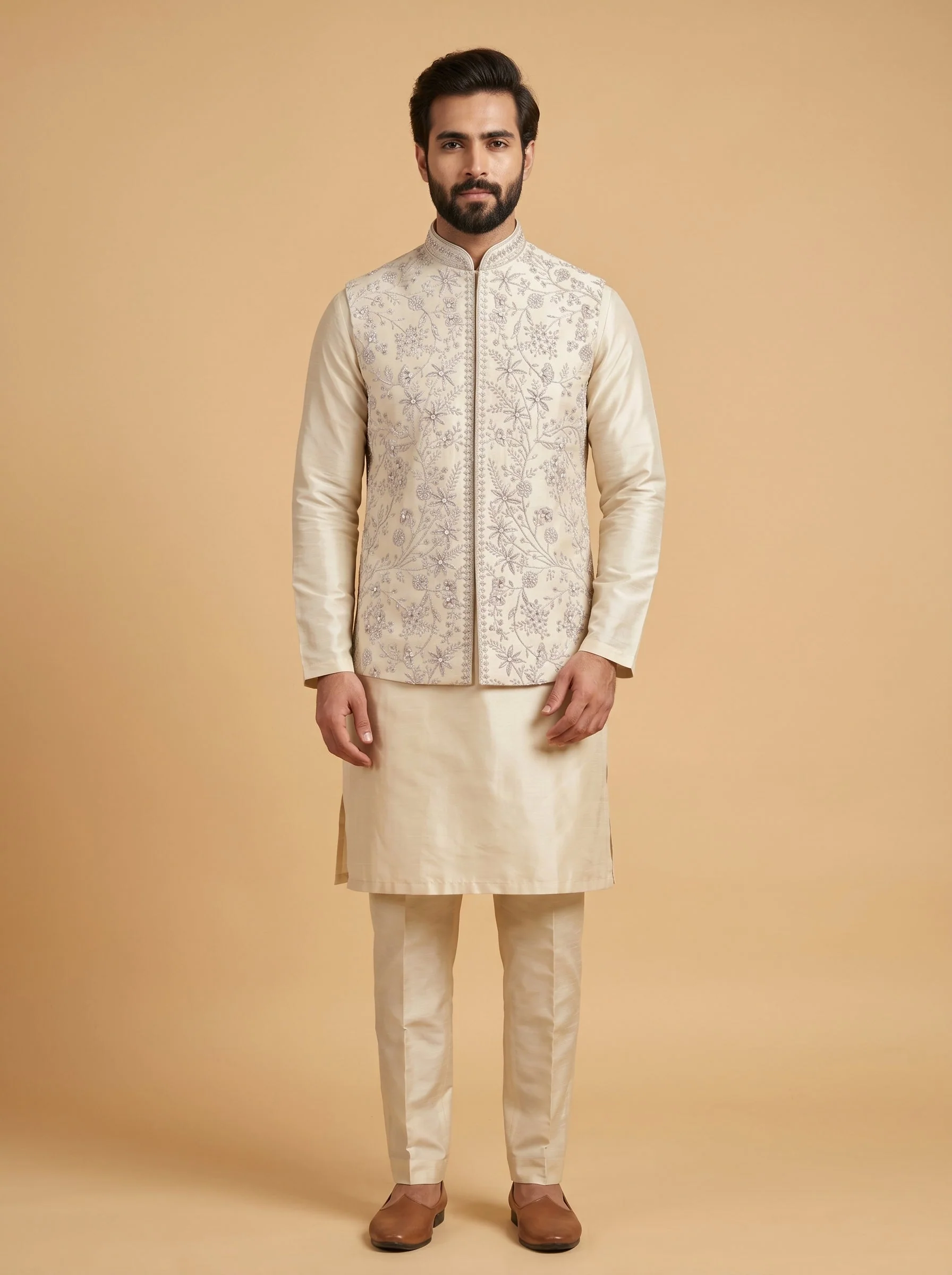 Cream Elegant Jacket Kurta Set