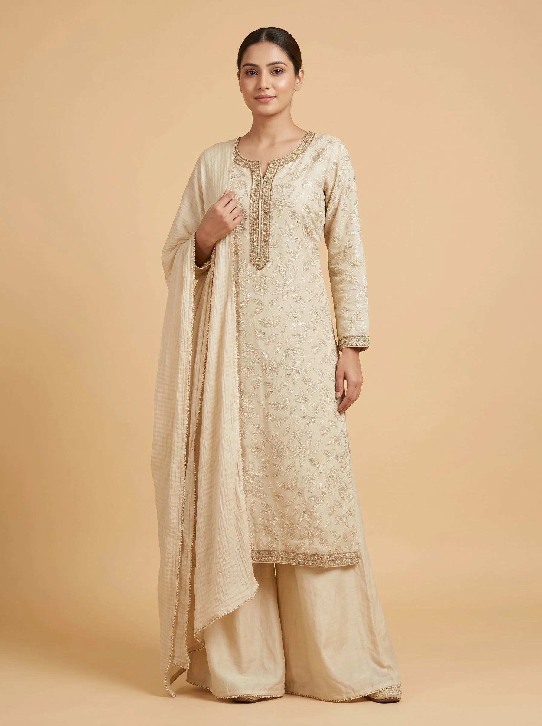Cream Embroidered Kurti Pant Set Suit