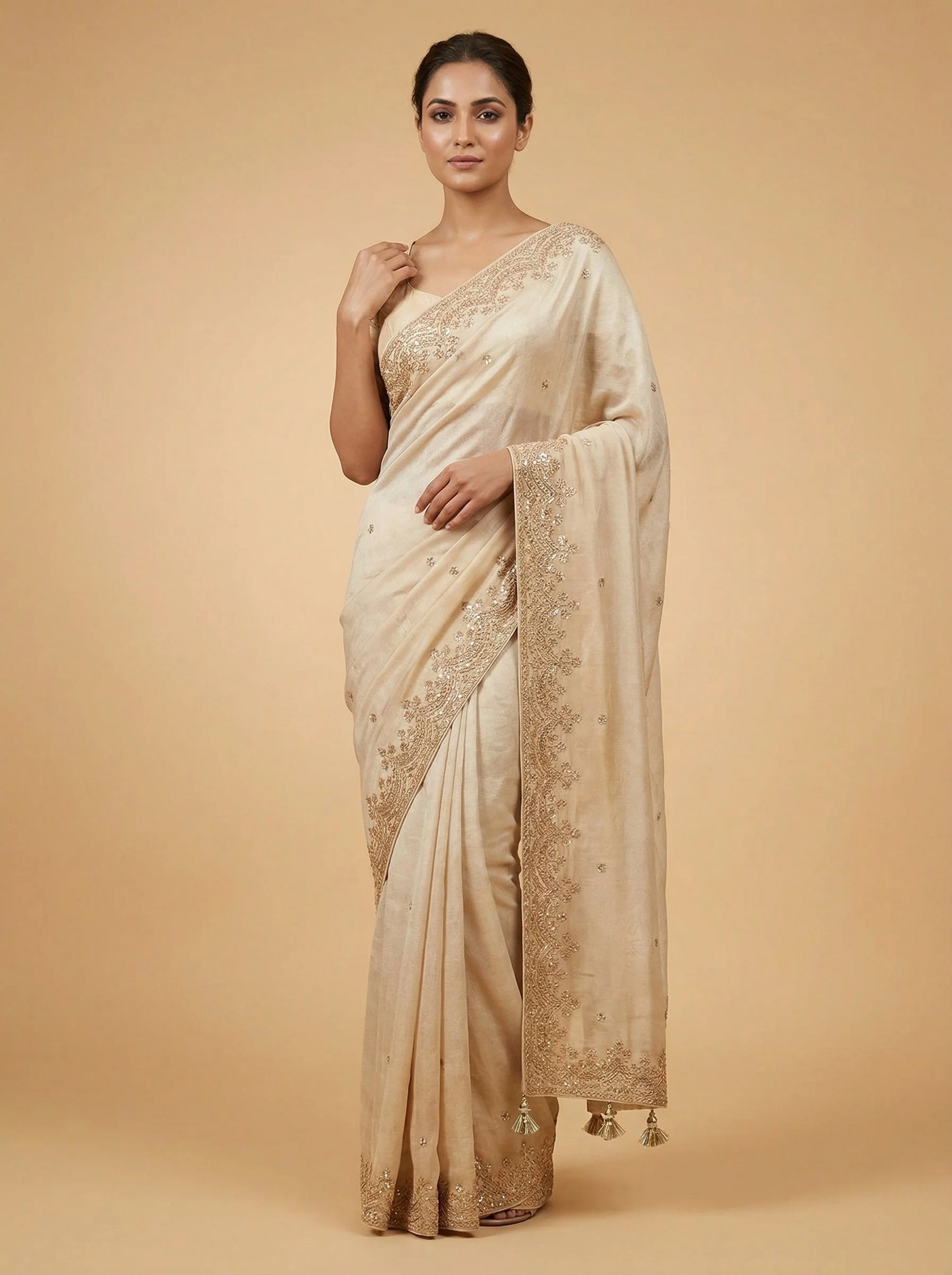 Cream Festive Embroidered Saree