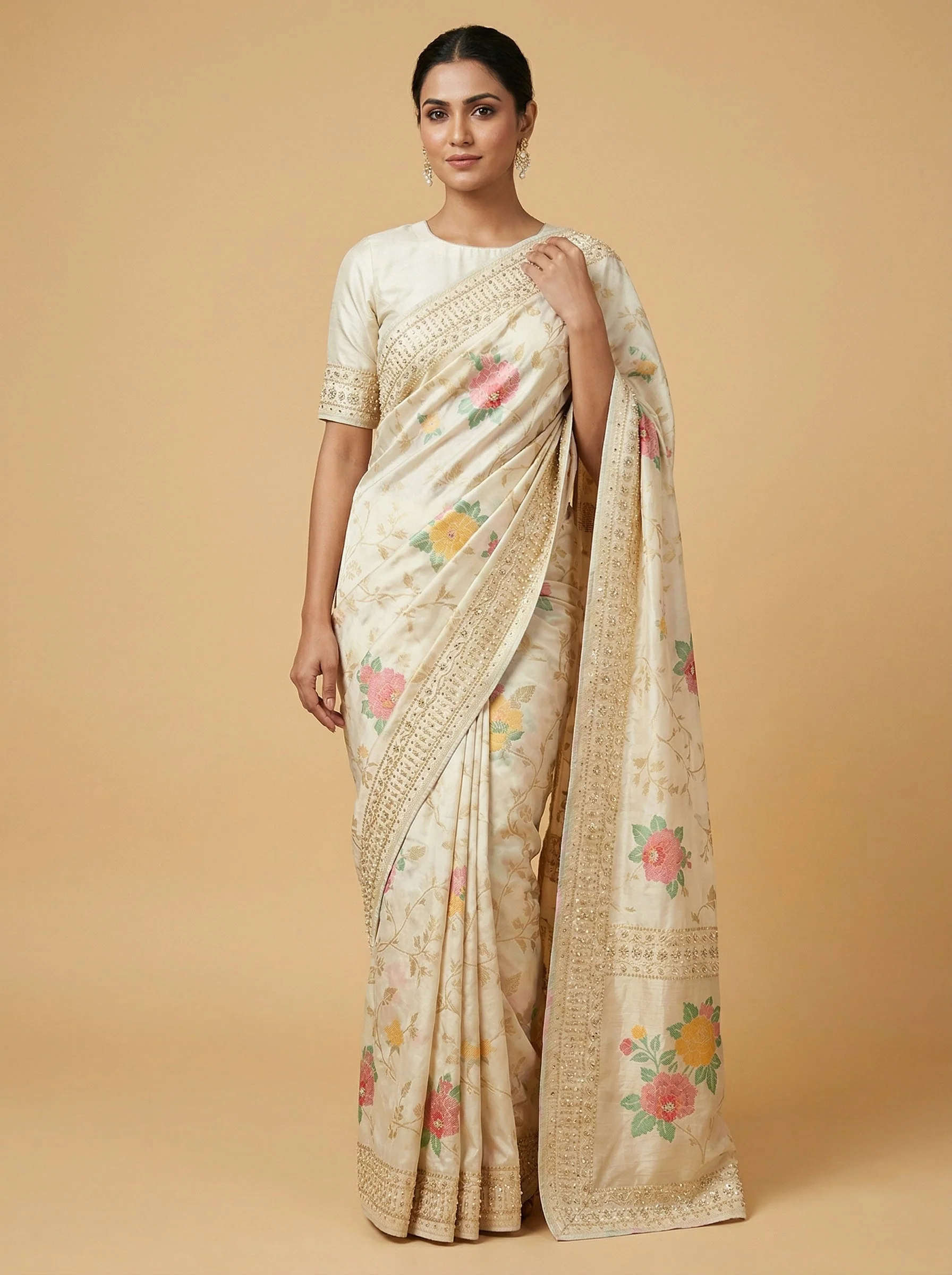 Cream Gentle Embroidered Saree