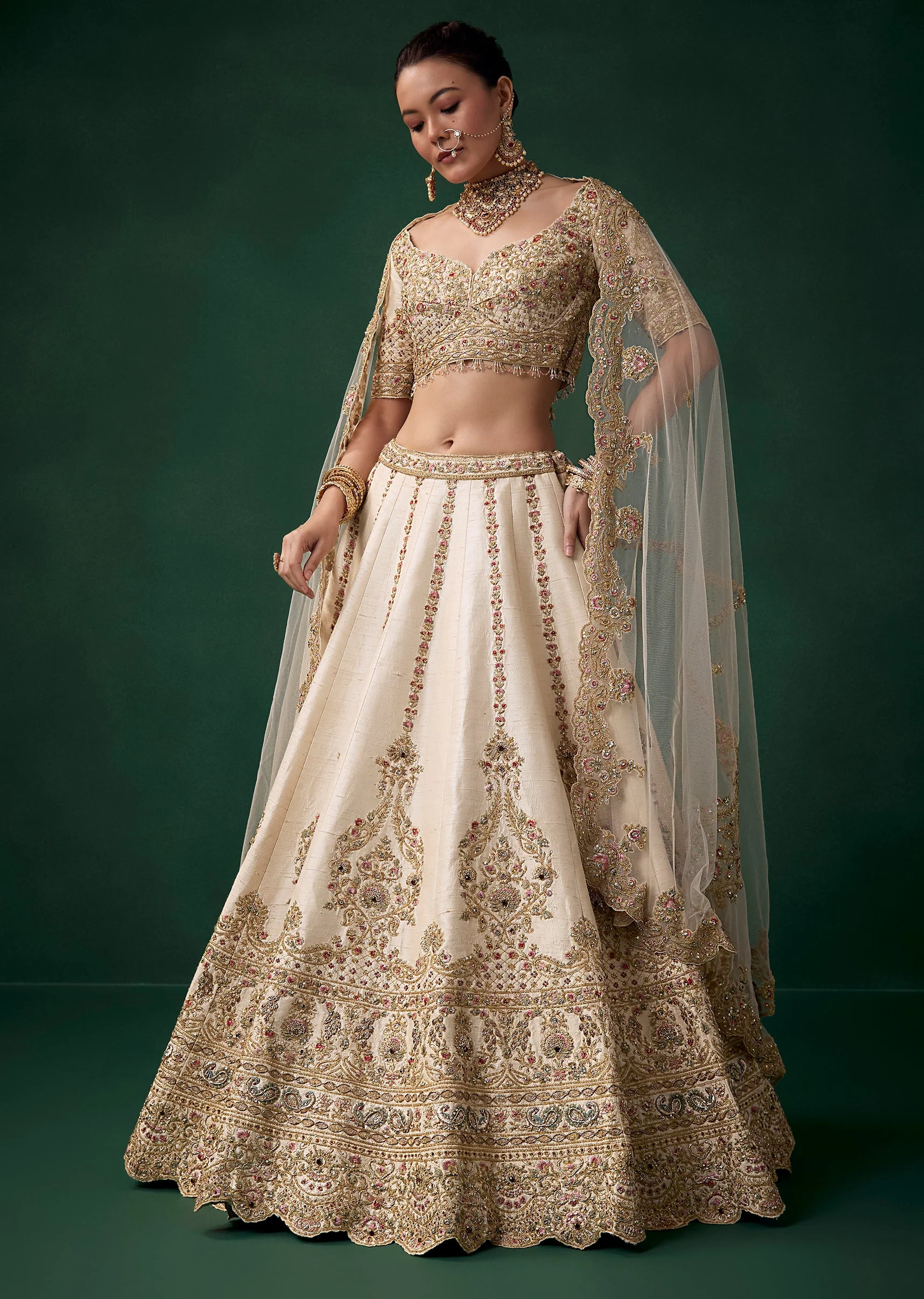 Cream Gold Thread Work Bridal Lehenga Set