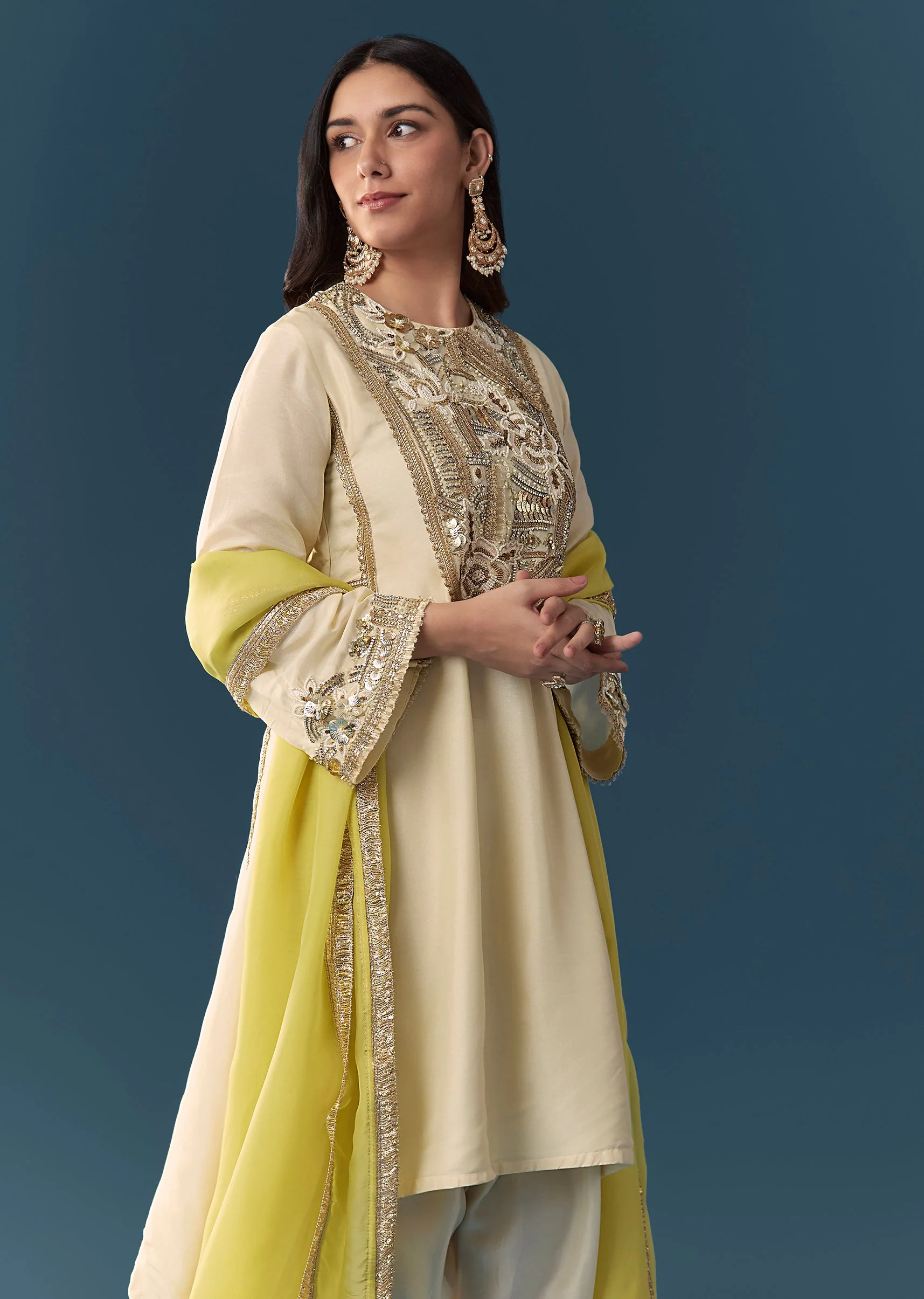 Cream Green Ombre Dupatta Kurta Set With Pant - Image 4