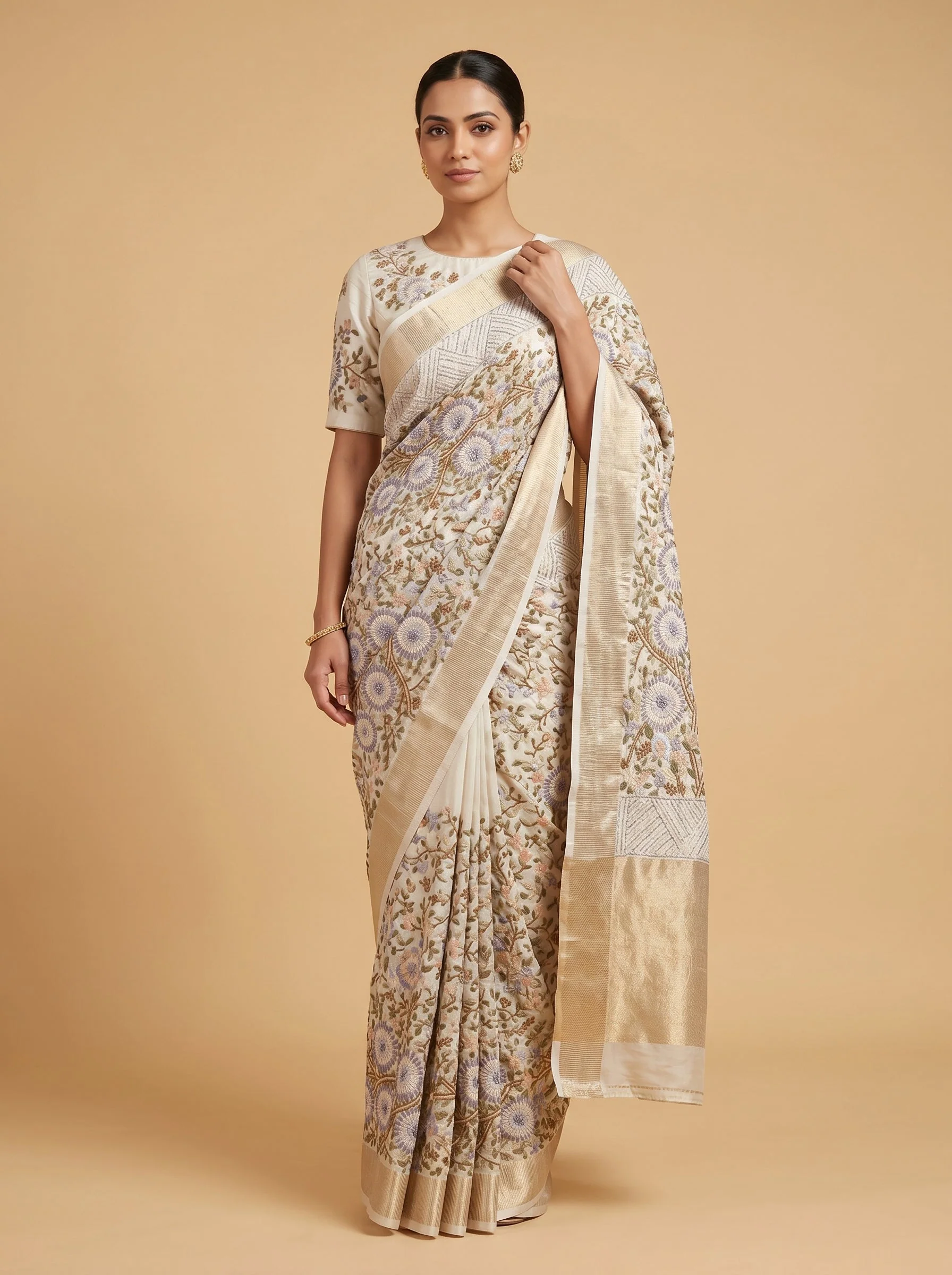 Cream Grey Dual Tone Embroidered Saree