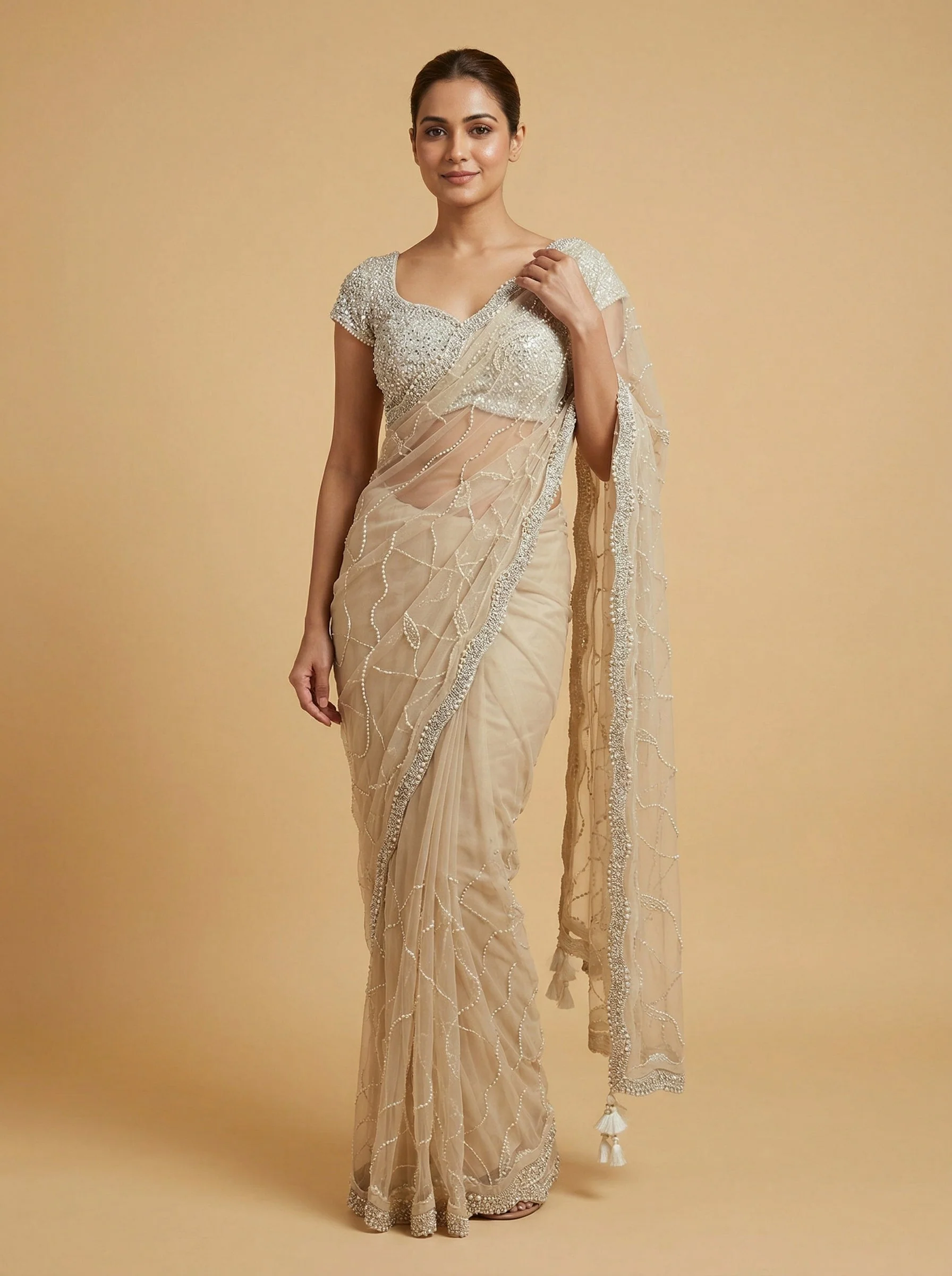 Cream Ivory Embroidered Saree
