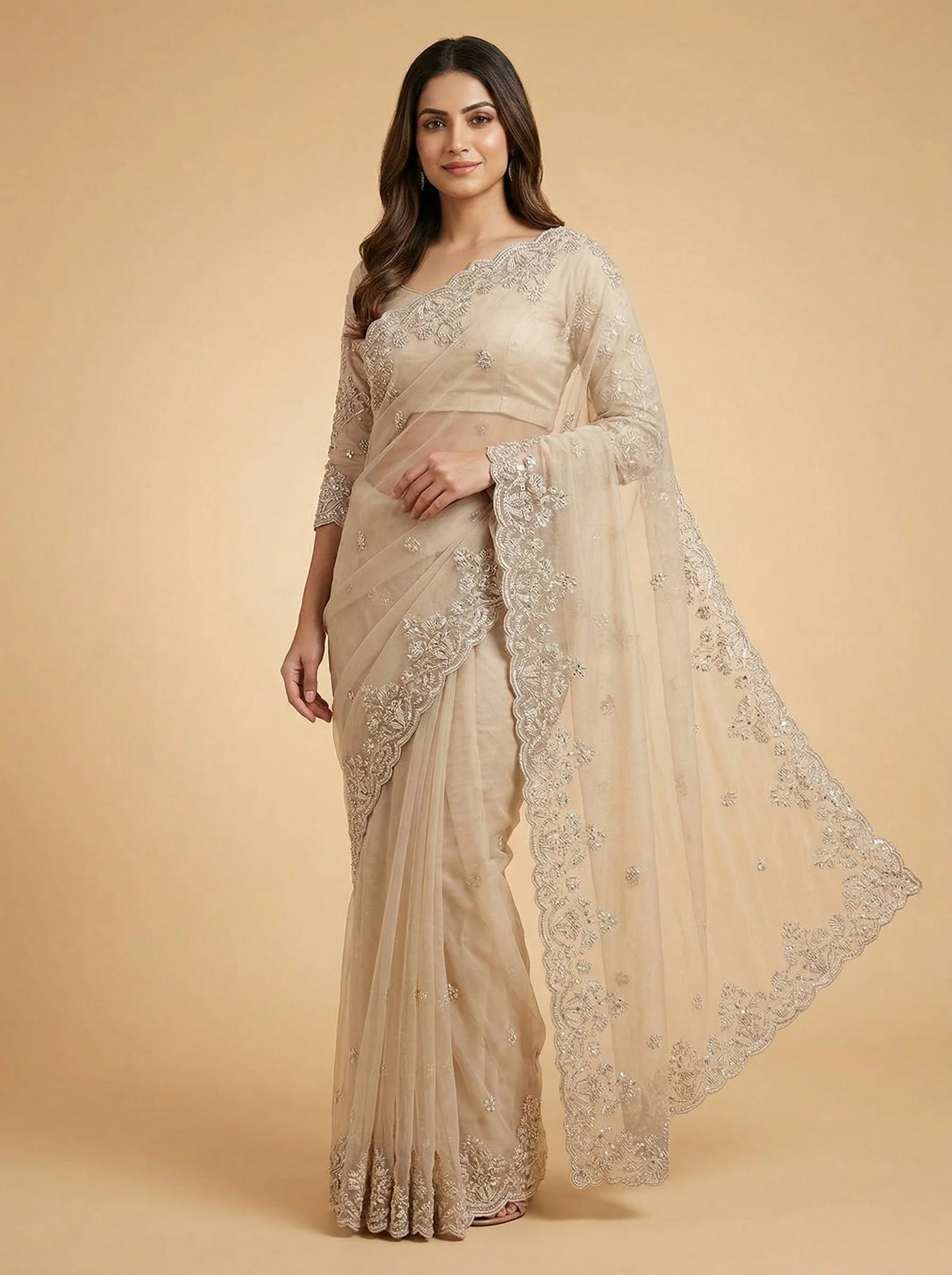 Cream Ivory Off White Embroidered Saree