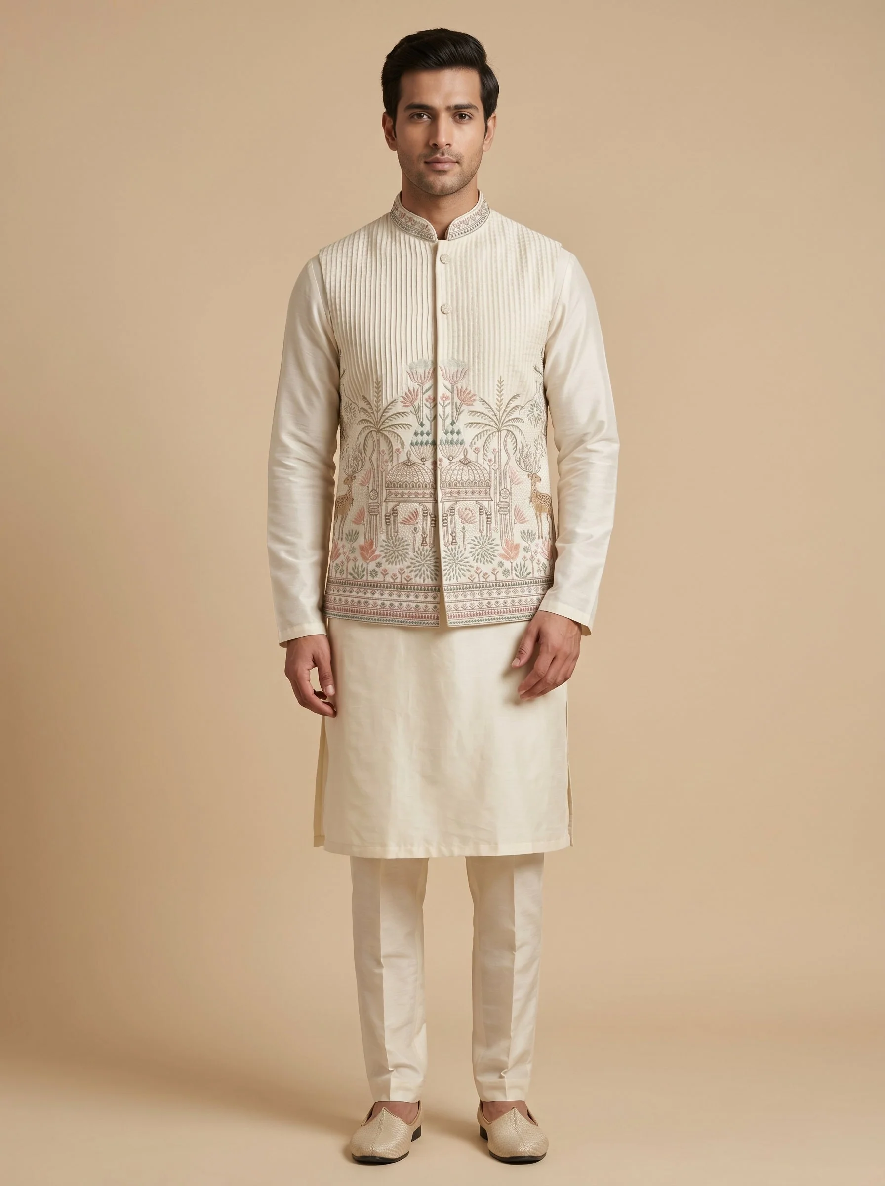 Cream jacket kurta set
