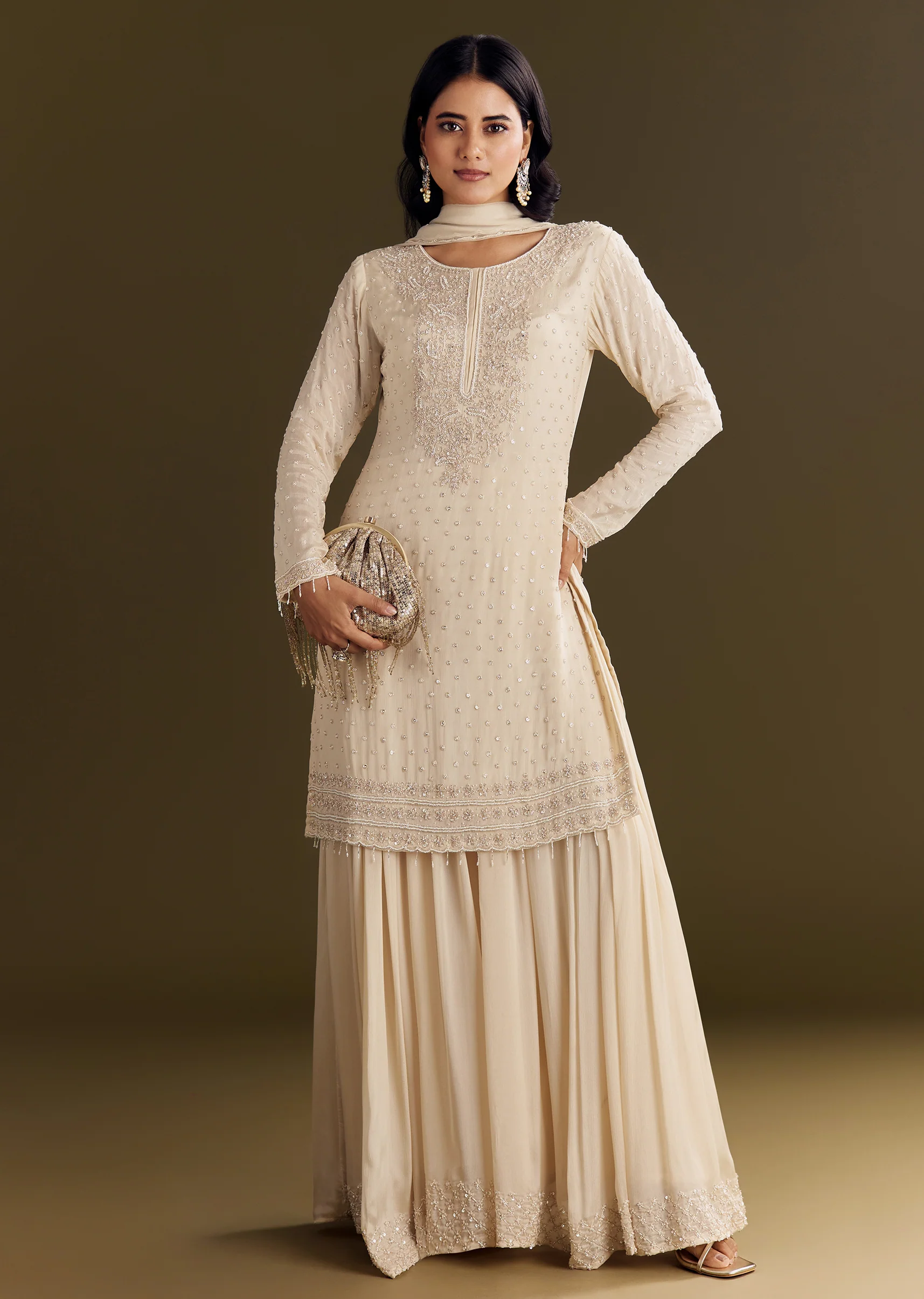 Cream Kurta Palazzo Set With Cutdana And Sequins Work - Image 2