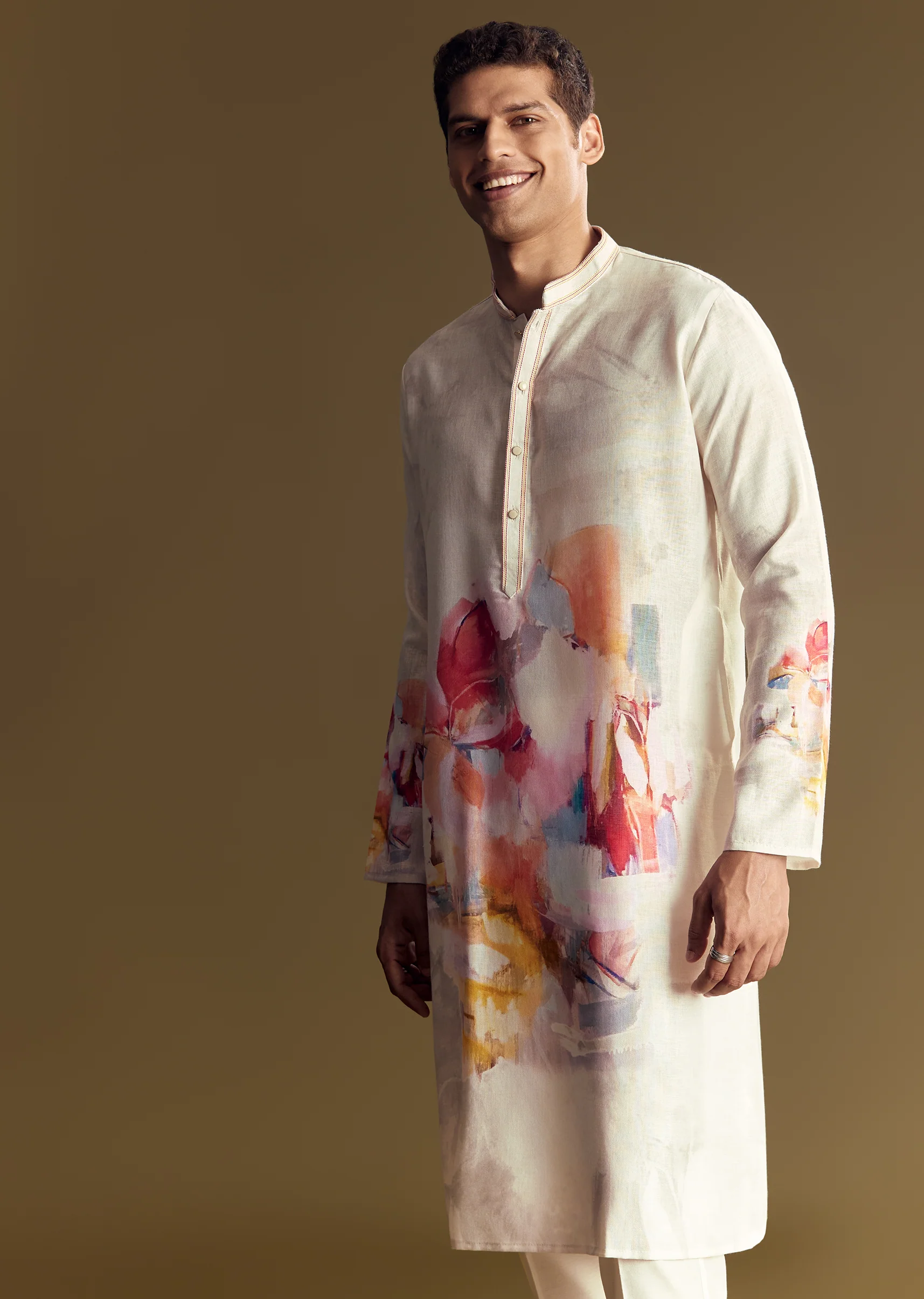 Cream Linen Kurta Set With Abstract Artistic Print - Image 3