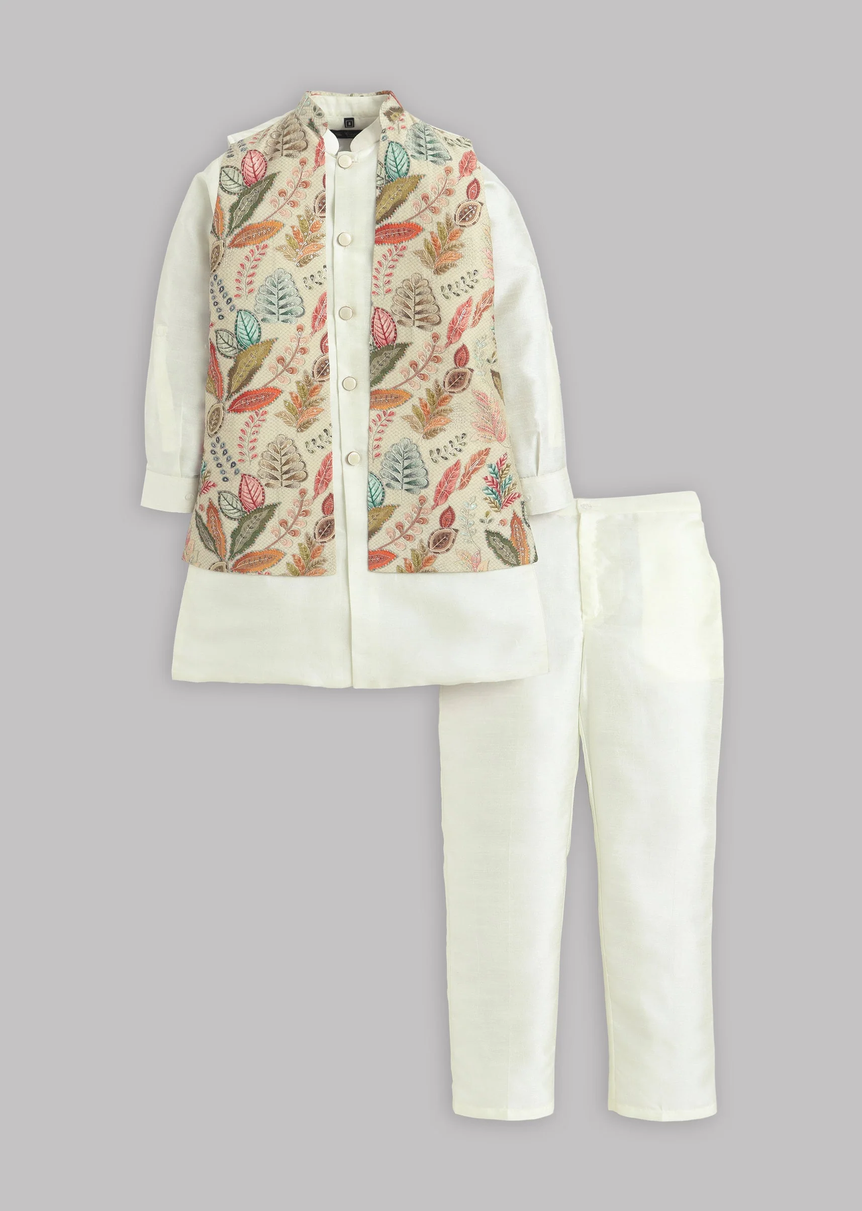 Cream Multi Floral Nehru Jacket Set - Image 3