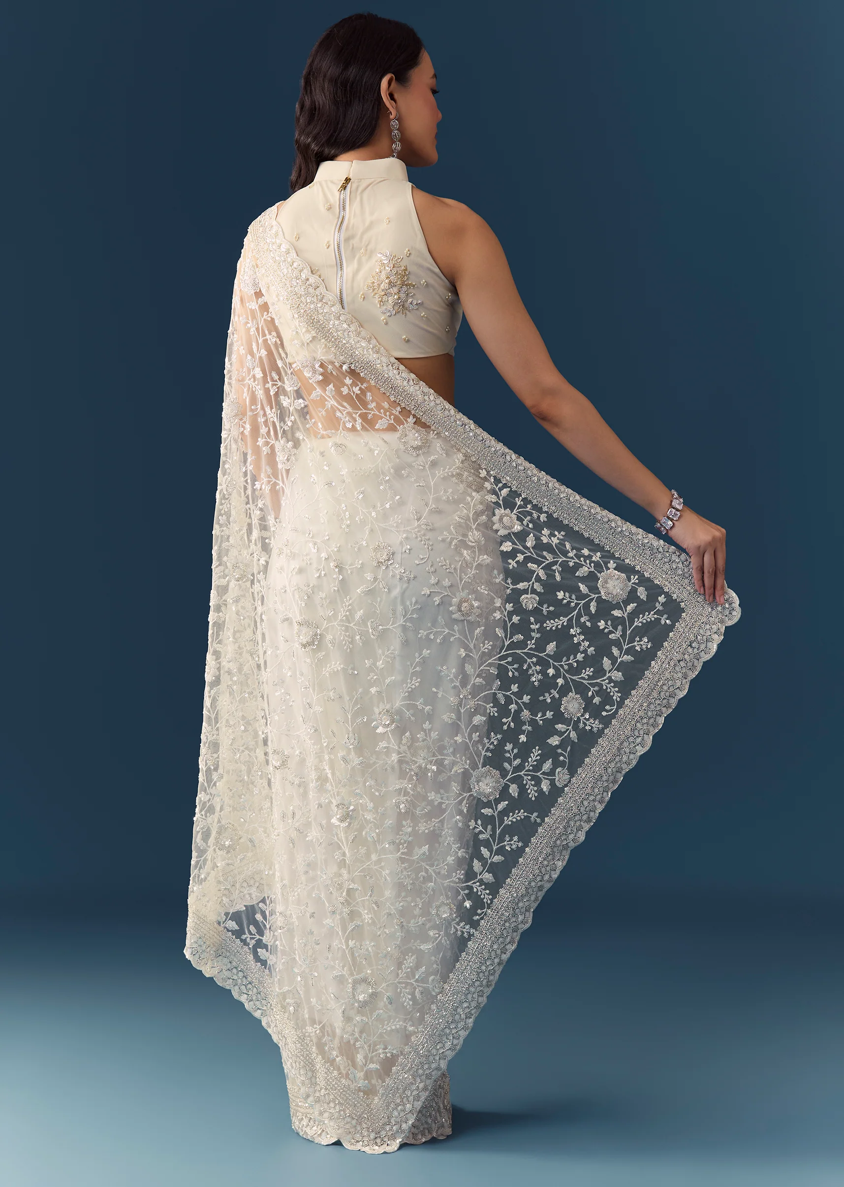 Cream Net Jaal Embellished Saree with Unstitched Blouse - Image 5