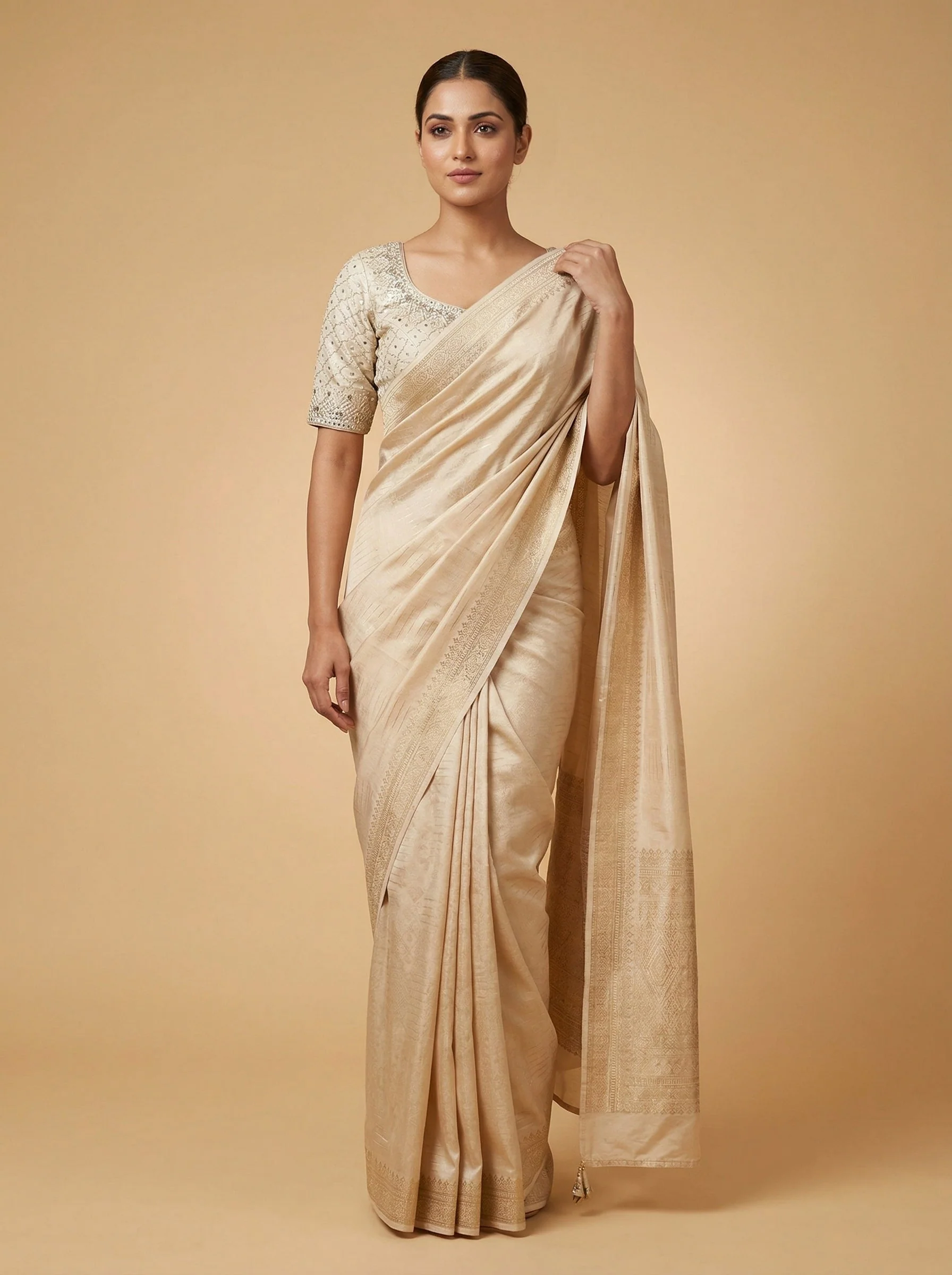 Cream Polished Embroidered Saree