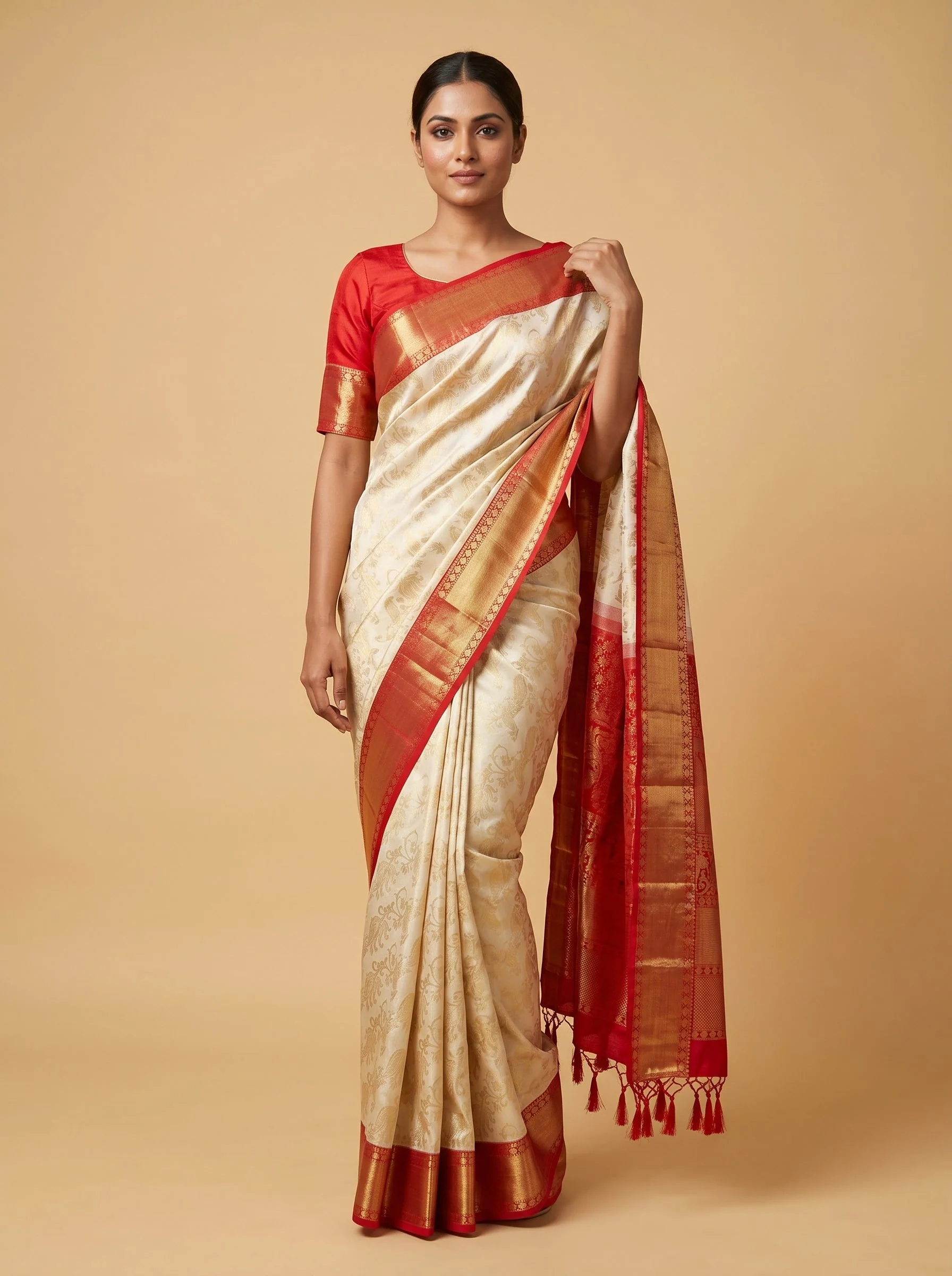 Cream Red Dual Harmony Handloom Saree