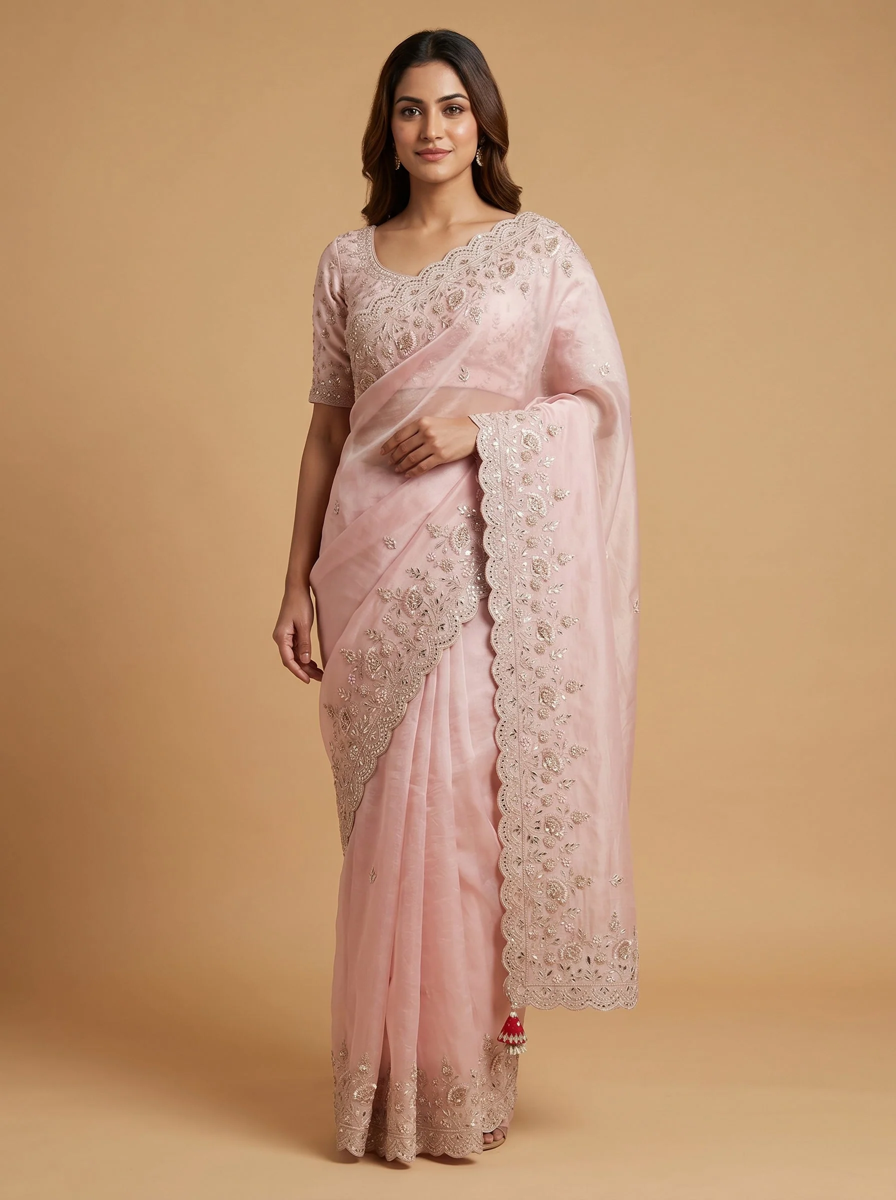 Cream Red Dual Tone Embroidered Saree