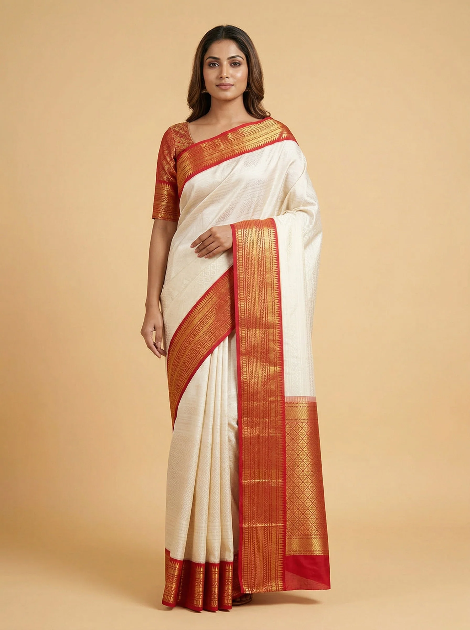 Cream Red Handloom Saree