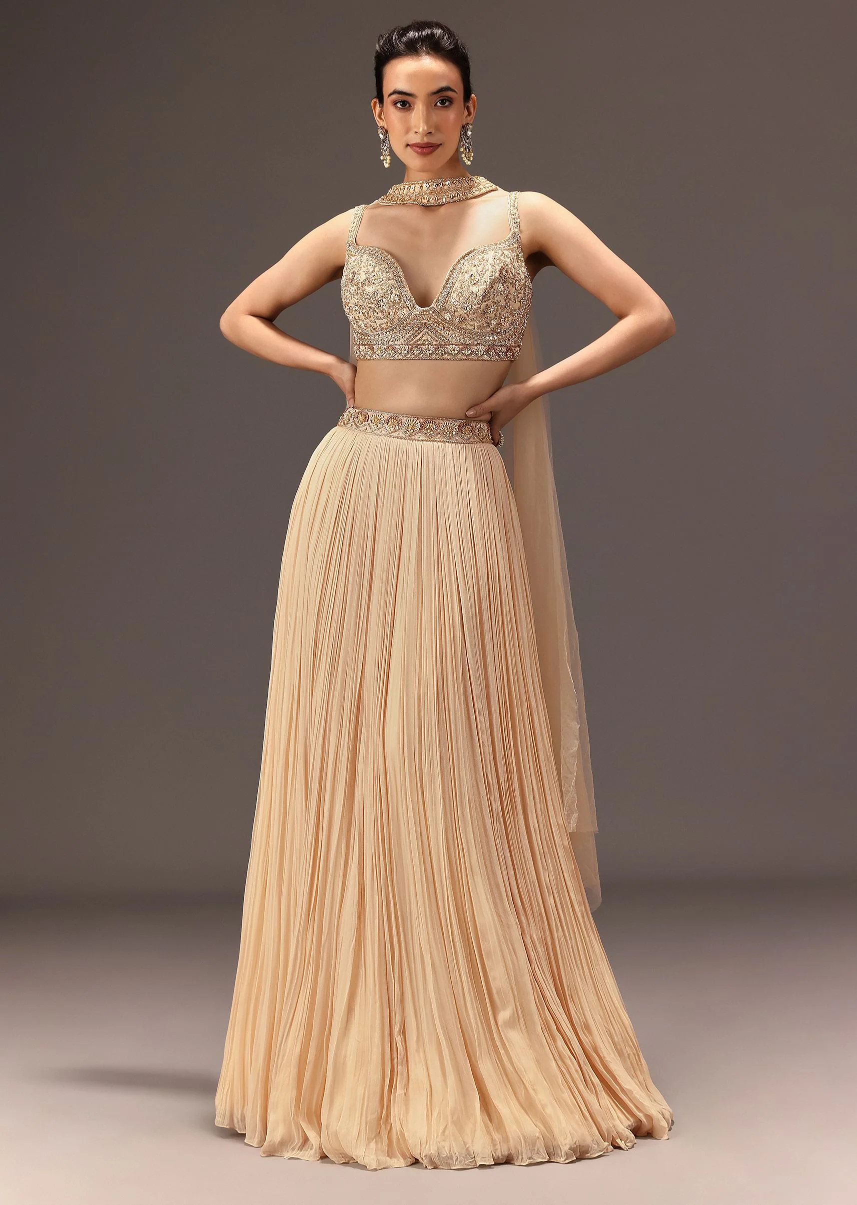 Cream Ruched Lehenga Set With Hand Embroidery - Image 3