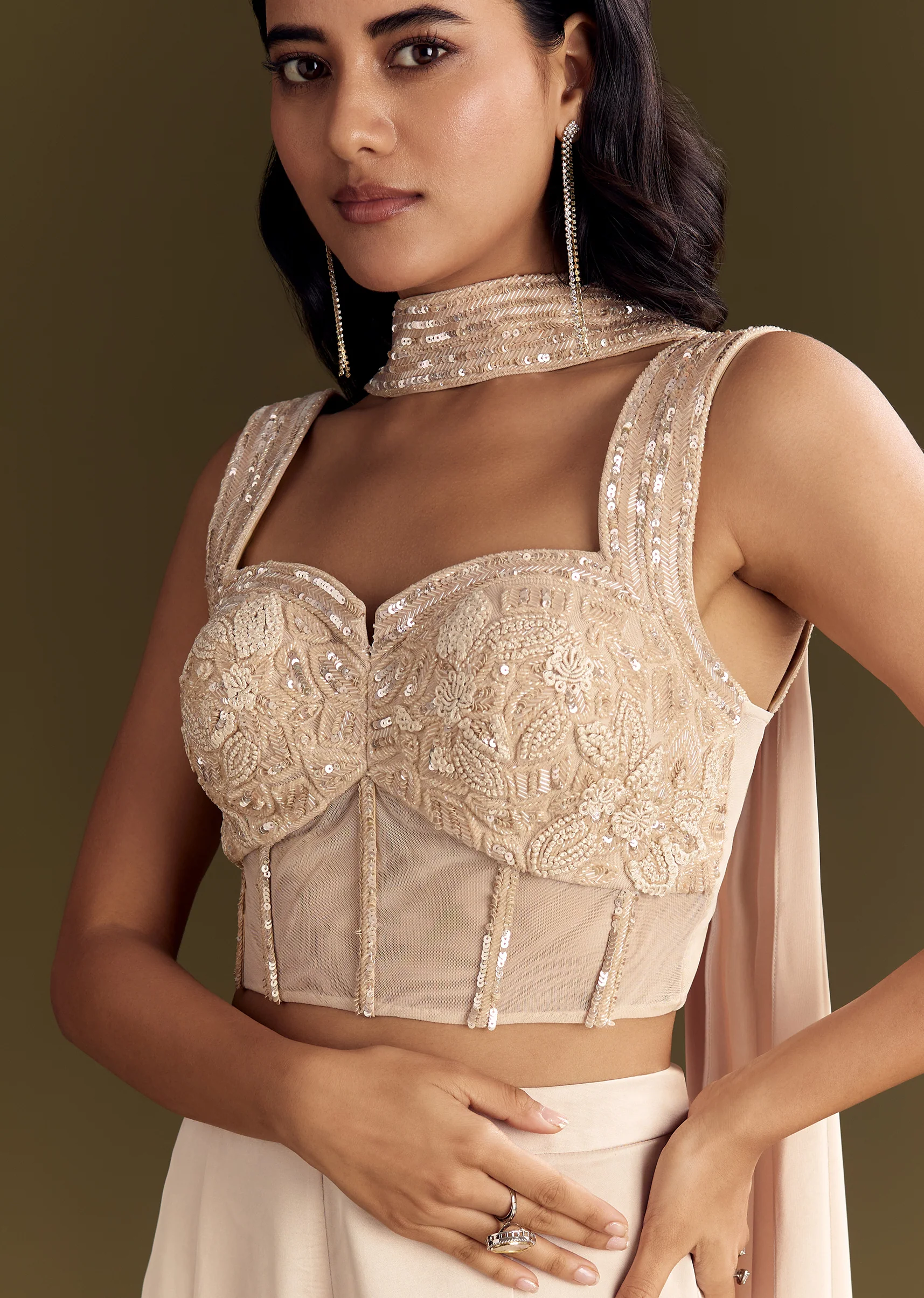 Cream Satin Bustier Palazzo Suit With Choker Dupatta - Image 3