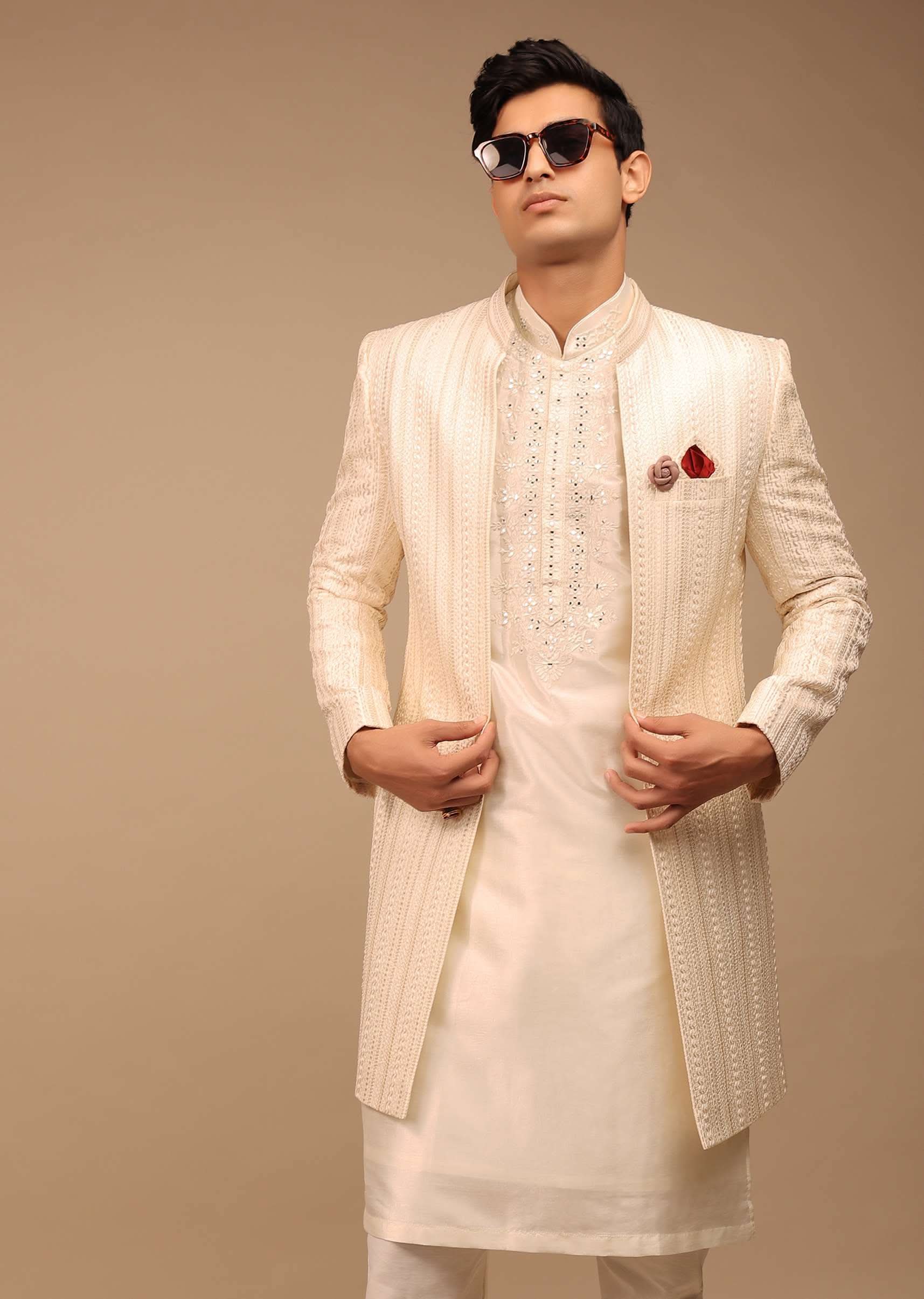 Cream Sherwani With Detailed Resham Work - Image 3